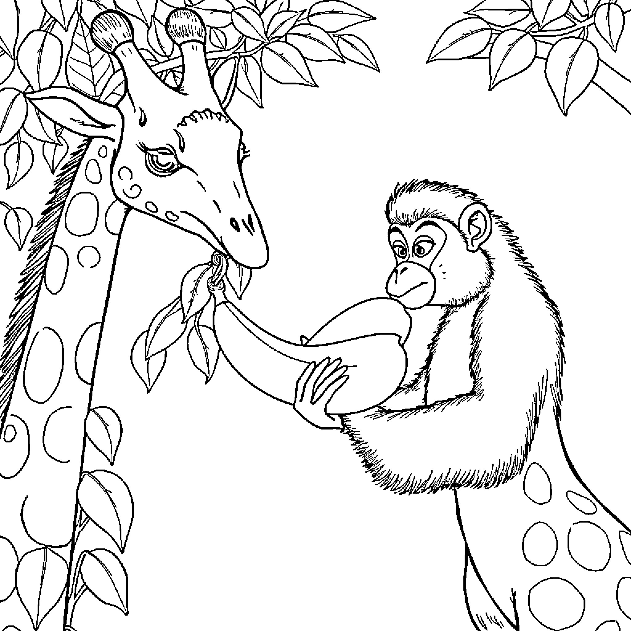 Giraffe and Monkey Sharing a Moment in the Jungle Coloring Page (free black-and-white line drawing printable PDF for all, from beginners to advanced learners, including children, teens, adults, and seniors)