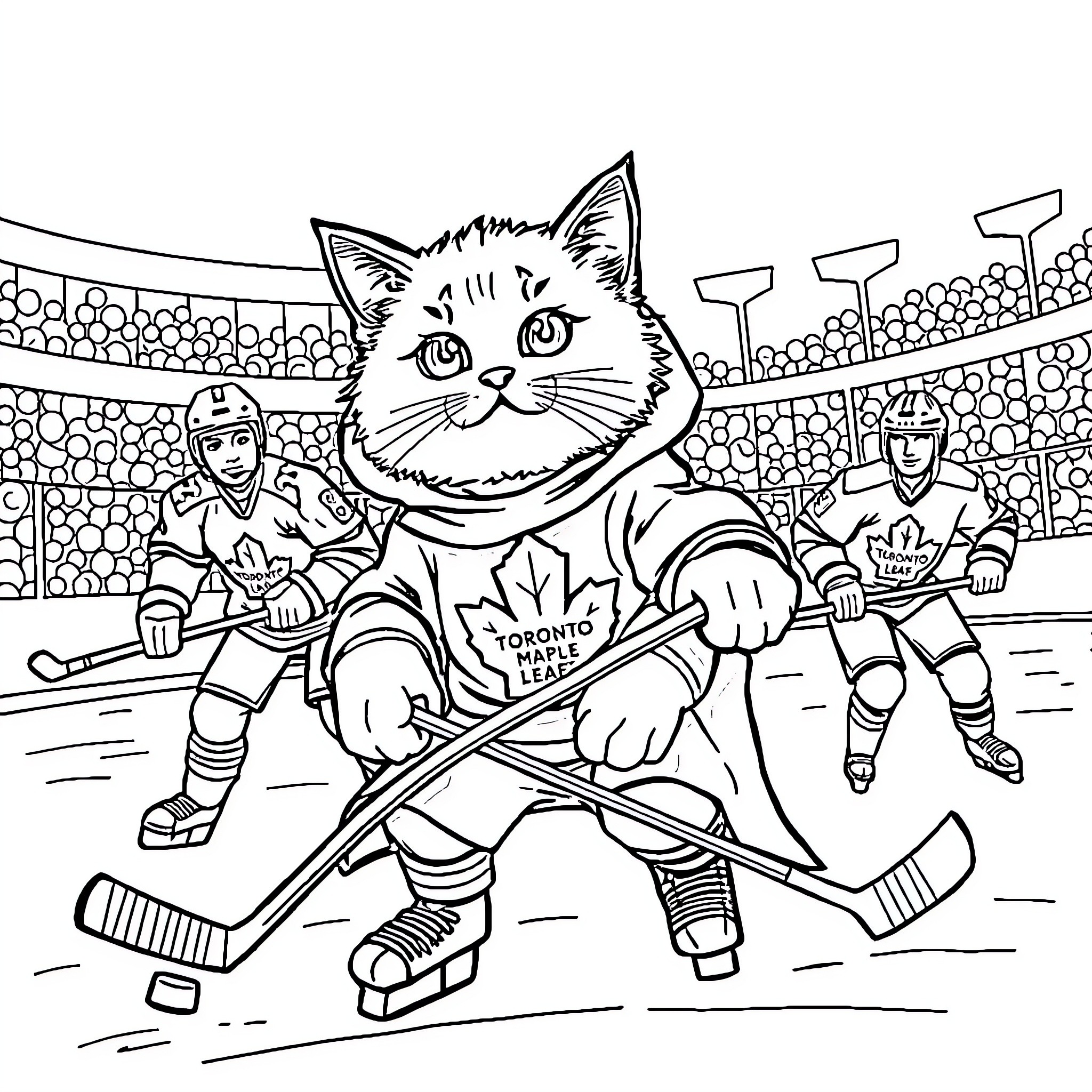 Cat playing hockey with players on the ice rink Coloring Page (free black-and-white line drawing printable PDF for all, from beginners to advanced learners, including children, teens, adults, and seniors)