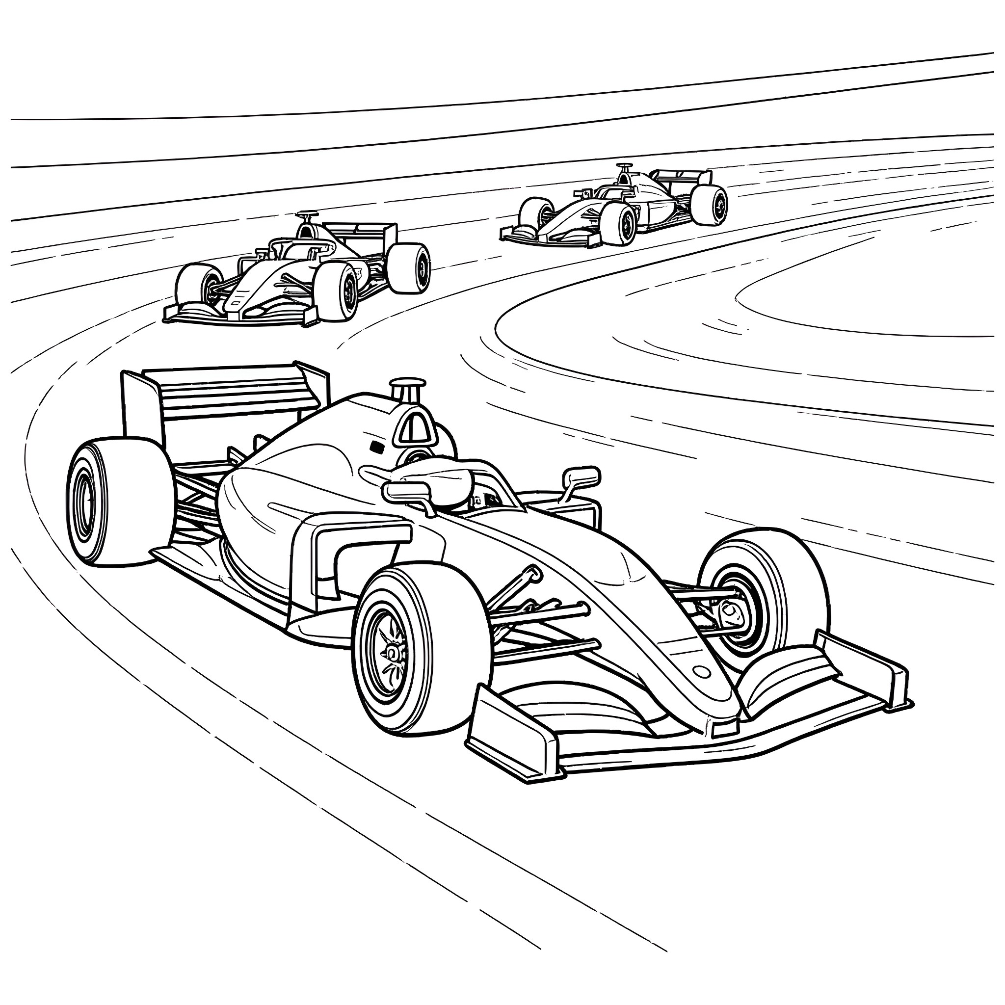 Formula 1 Cars Racing on the Track Coloring Page (free black-and-white line drawing printable PDF for all, from beginners to advanced learners, including children, teens, adults, and seniors)