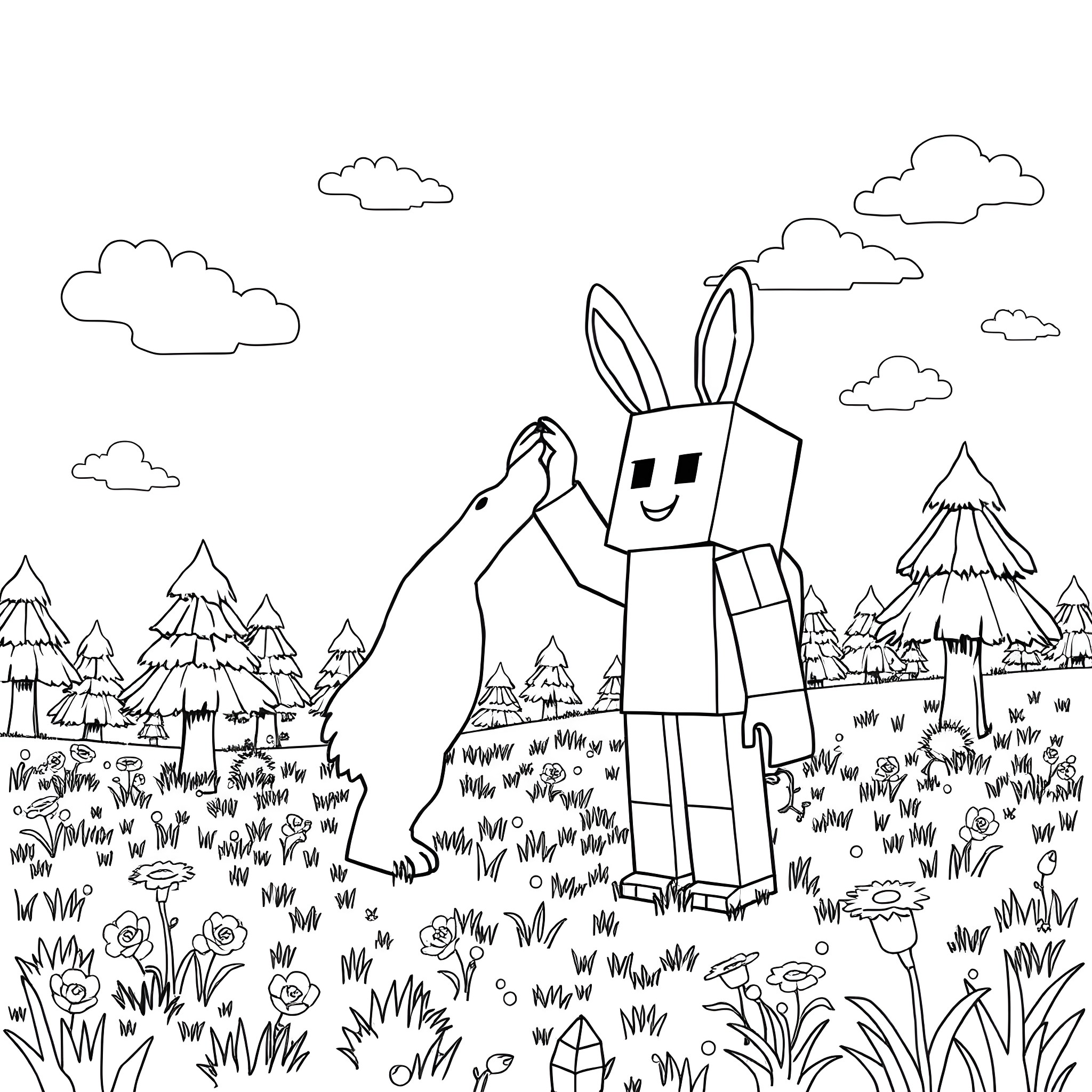 Minecraft Steve explores a whimsical forest landscape Coloring Page (free black-and-white line drawing printable PDF for all, from beginners to advanced learners, including children, teens, adults, and seniors)