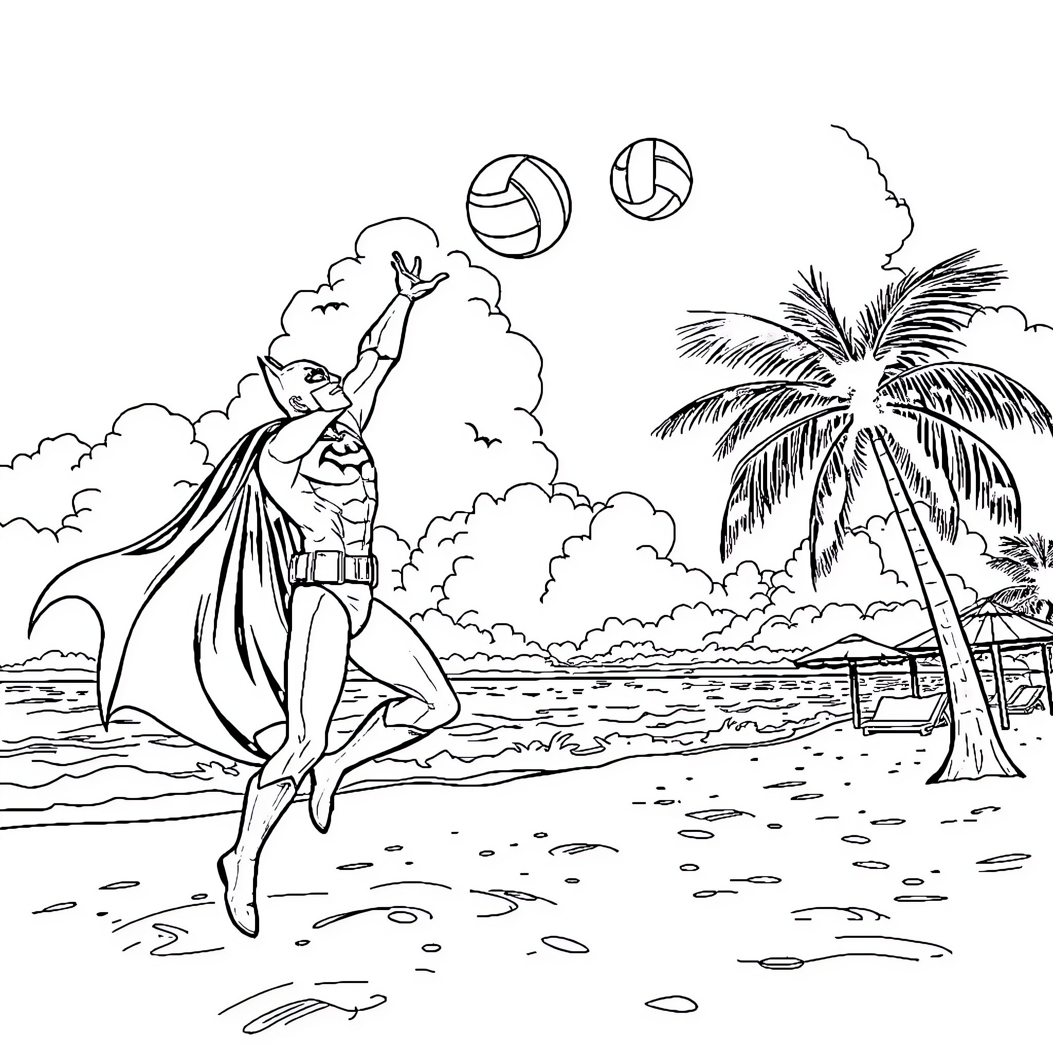 Batman playing volleyball on a tropical beach Coloring Page (free black-and-white line drawing printable PDF for all, from beginners to advanced learners, including children, teens, adults, and seniors)