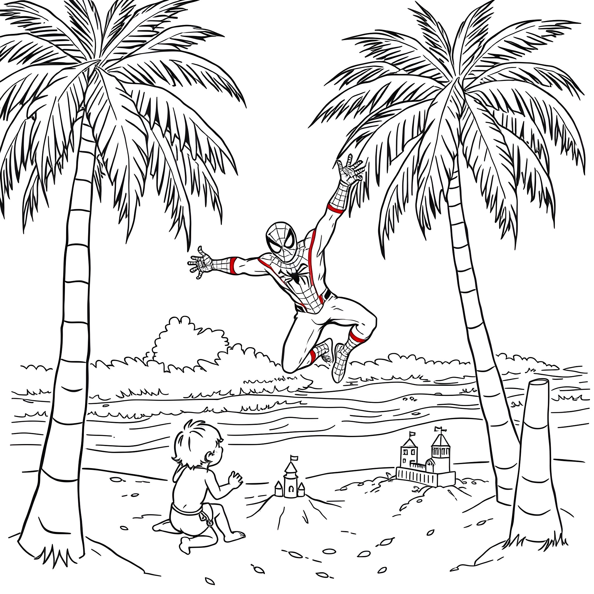Spiderman swinging through palm trees by the beach Coloring Page (free black-and-white line drawing printable PDF for all, from beginners to advanced learners, including children, teens, adults, and seniors)