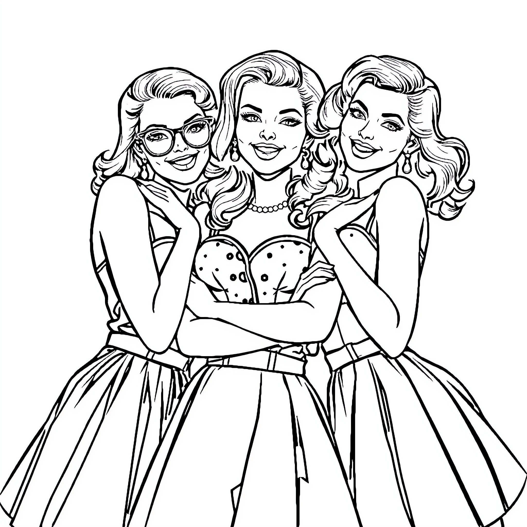 Pin Up Girls in Glamorous Poses Coloring Page (free black-and-white line drawing printable PDF for all, from beginners to advanced learners, including children, teens, adults, and seniors)