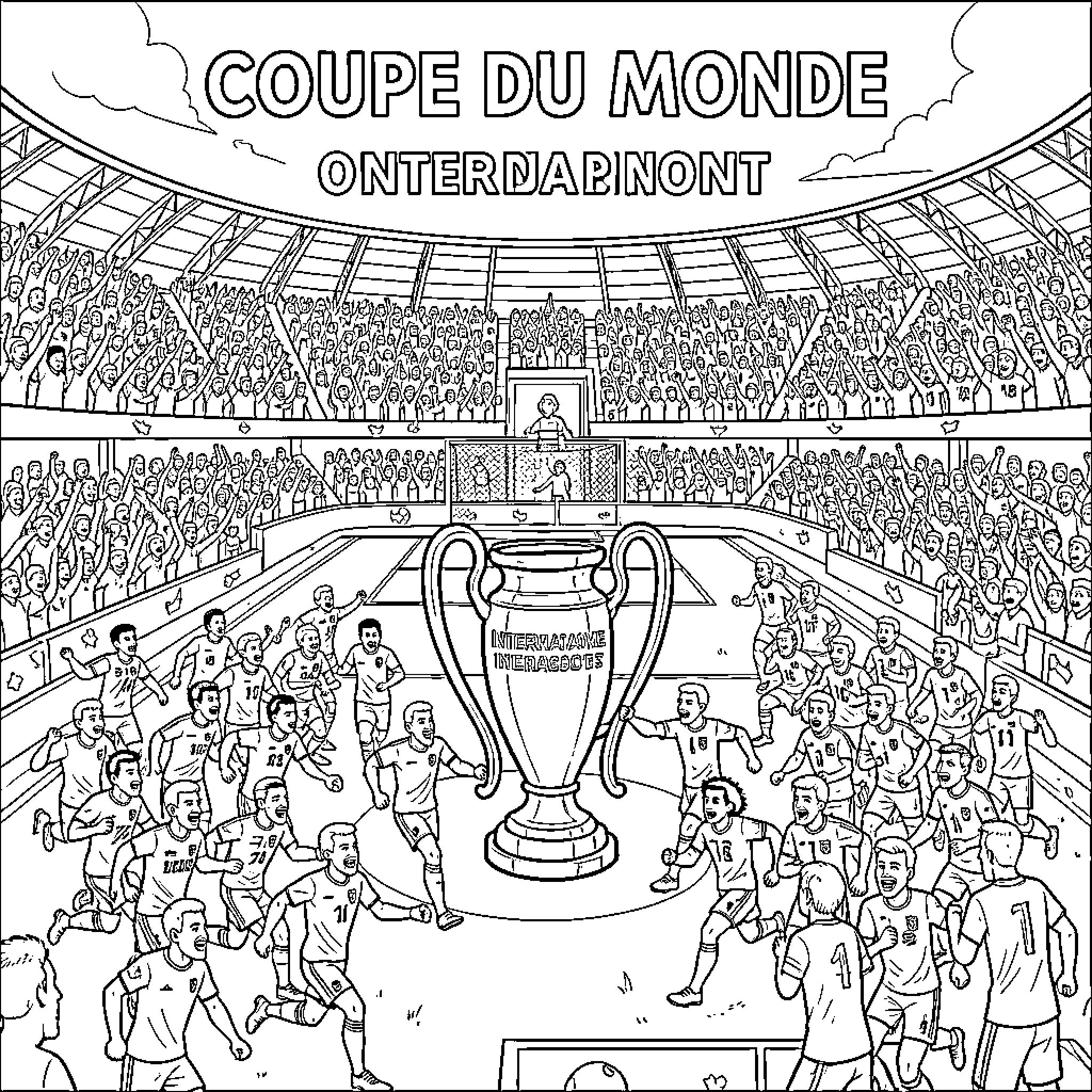 World Cup players celebrating with the championship trophy Coloring Page (free black-and-white line drawing printable PDF for all, from beginners to advanced learners, including children, teens, adults, and seniors)