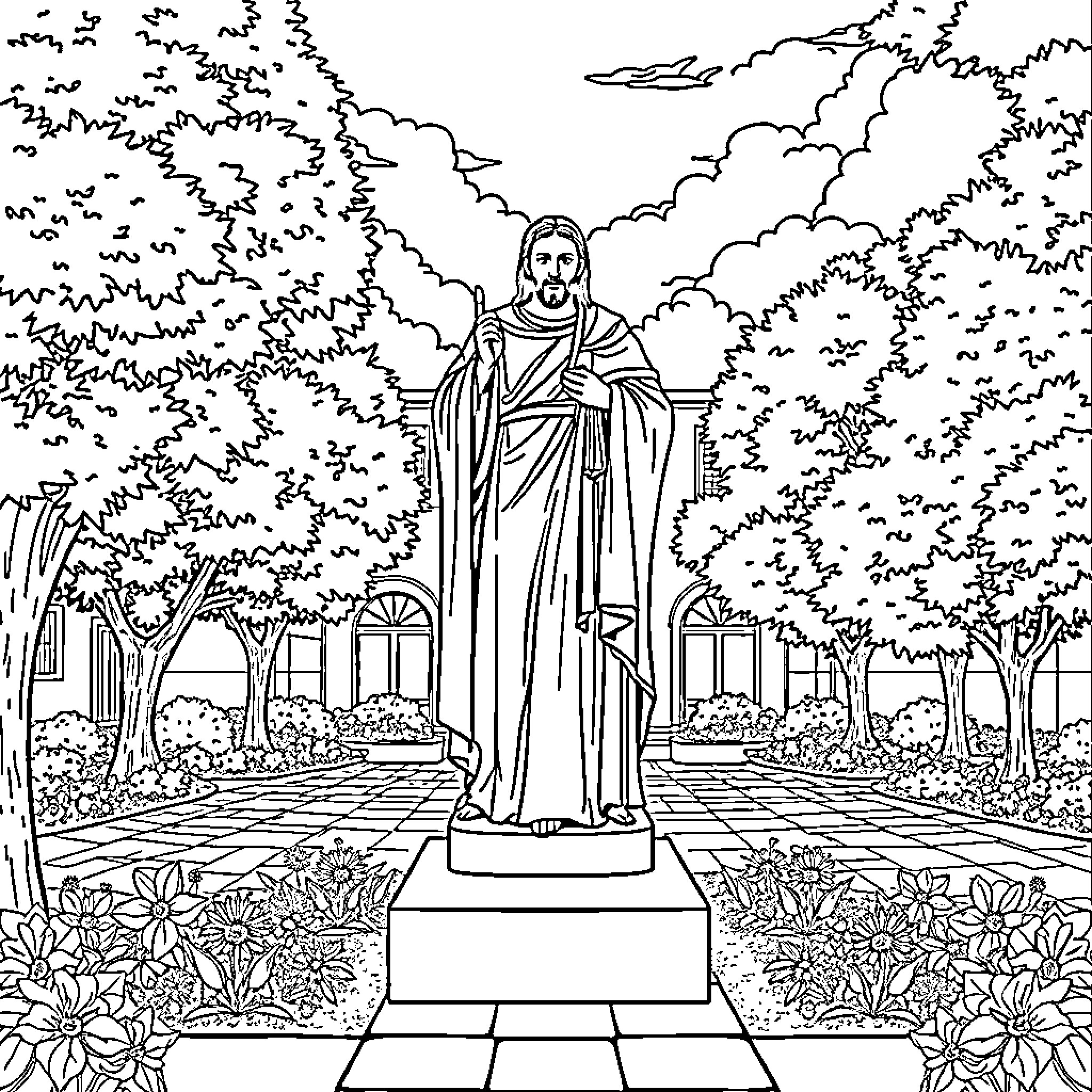 San Ignacio de Loyola standing in a serene garden Coloring Page (free black-and-white line drawing printable PDF for all, from beginners to advanced learners, including children, teens, adults, and seniors)