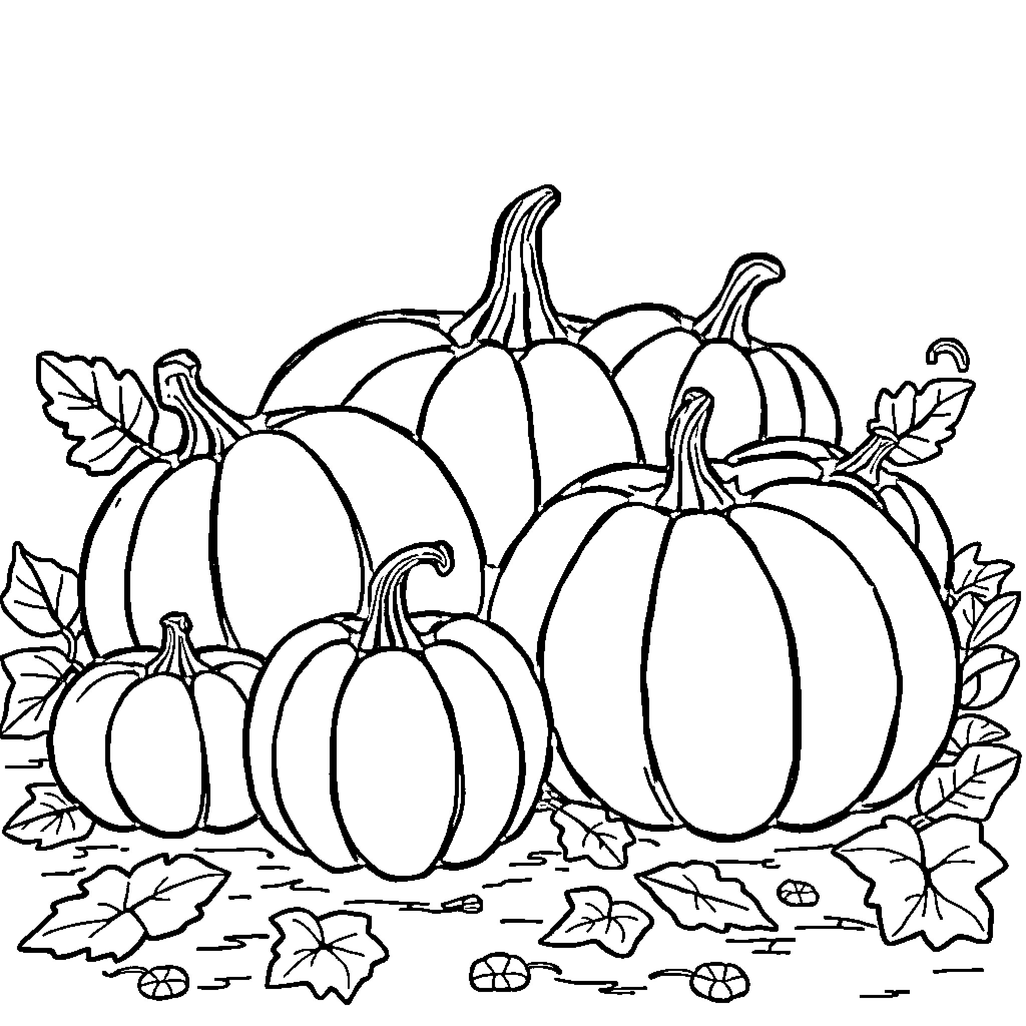Pumpkins gathered in a field with autumn leaves Coloring Page (free black-and-white line drawing printable PDF for all, from beginners to advanced learners, including children, teens, adults, and seniors)