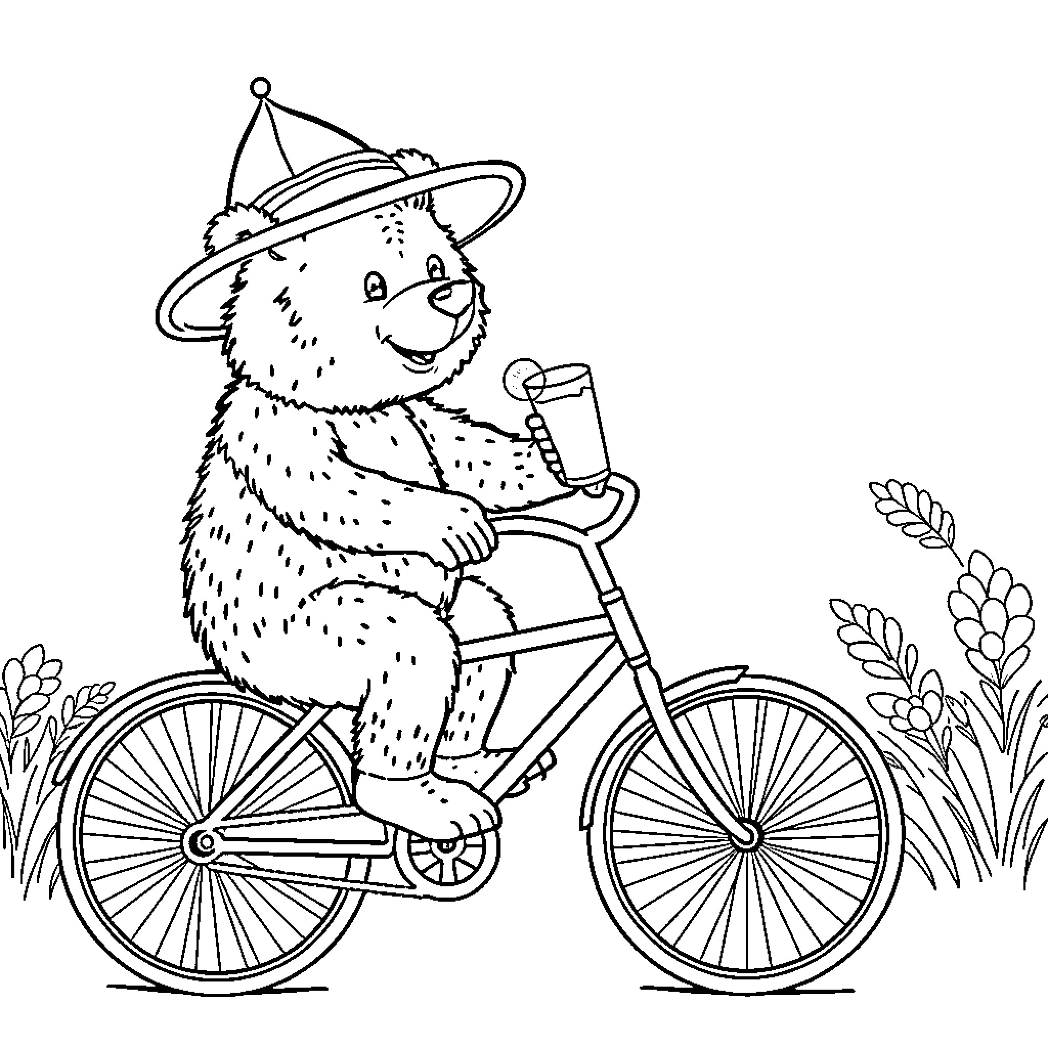 Bear riding a bicycle in the countryside Coloring Page (free black-and-white line drawing printable PDF for all, from beginners to advanced learners, including children, teens, adults, and seniors)