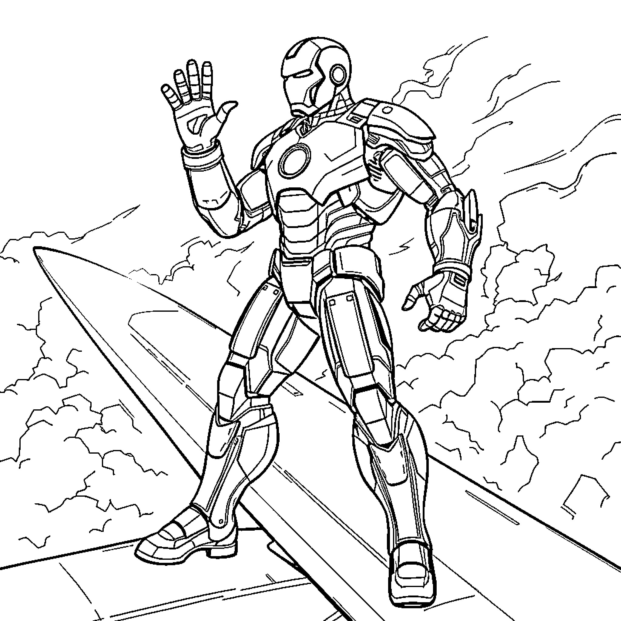 Ironman Armored Hero Soaring Through the Skies Coloring Page (free black-and-white line drawing printable PDF for all, from beginners to advanced learners, including children, teens, adults, and seniors)