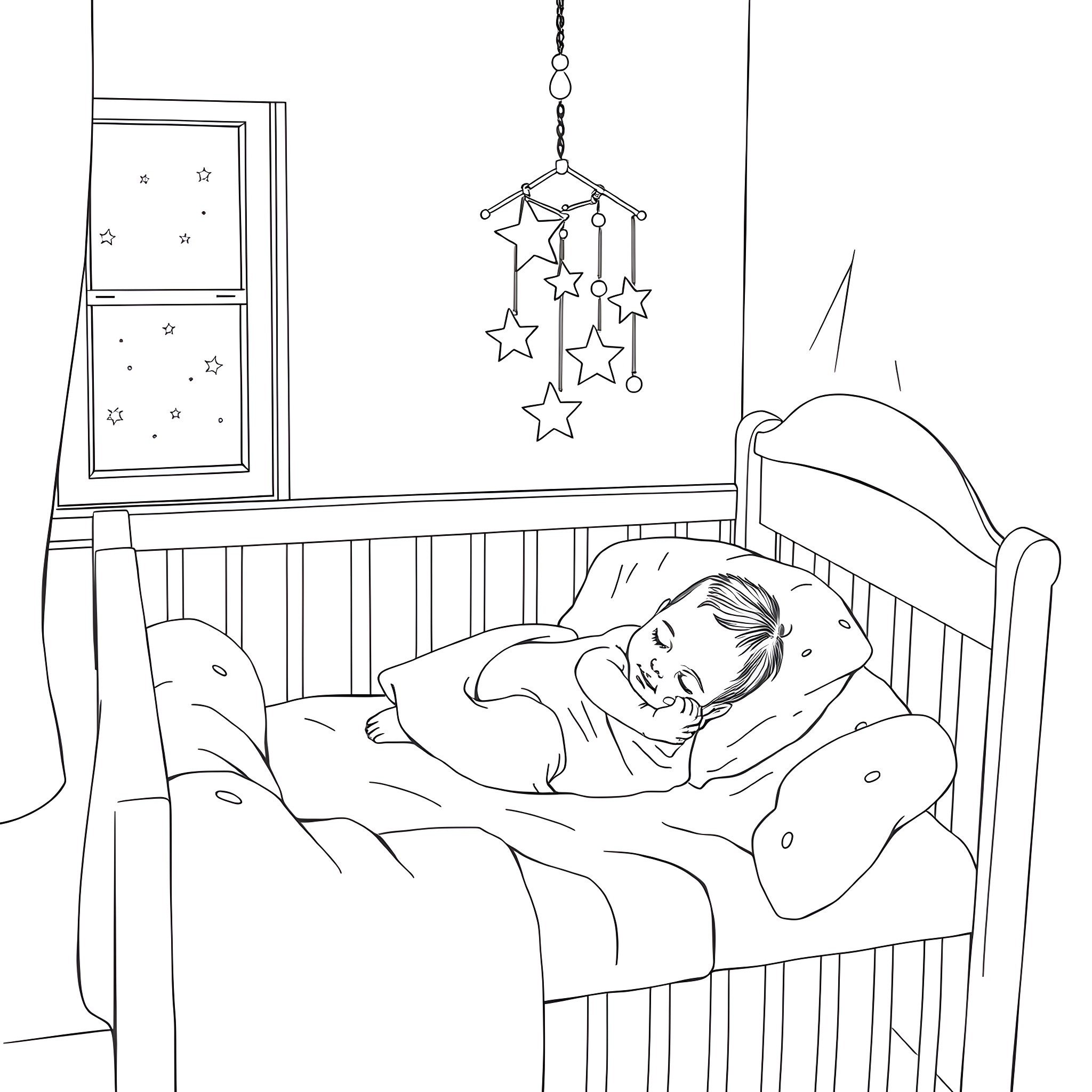Baby sleeping peacefully in crib at night Coloring Page (free black-and-white line drawing printable PDF for all, from beginners to advanced learners, including children, teens, adults, and seniors)