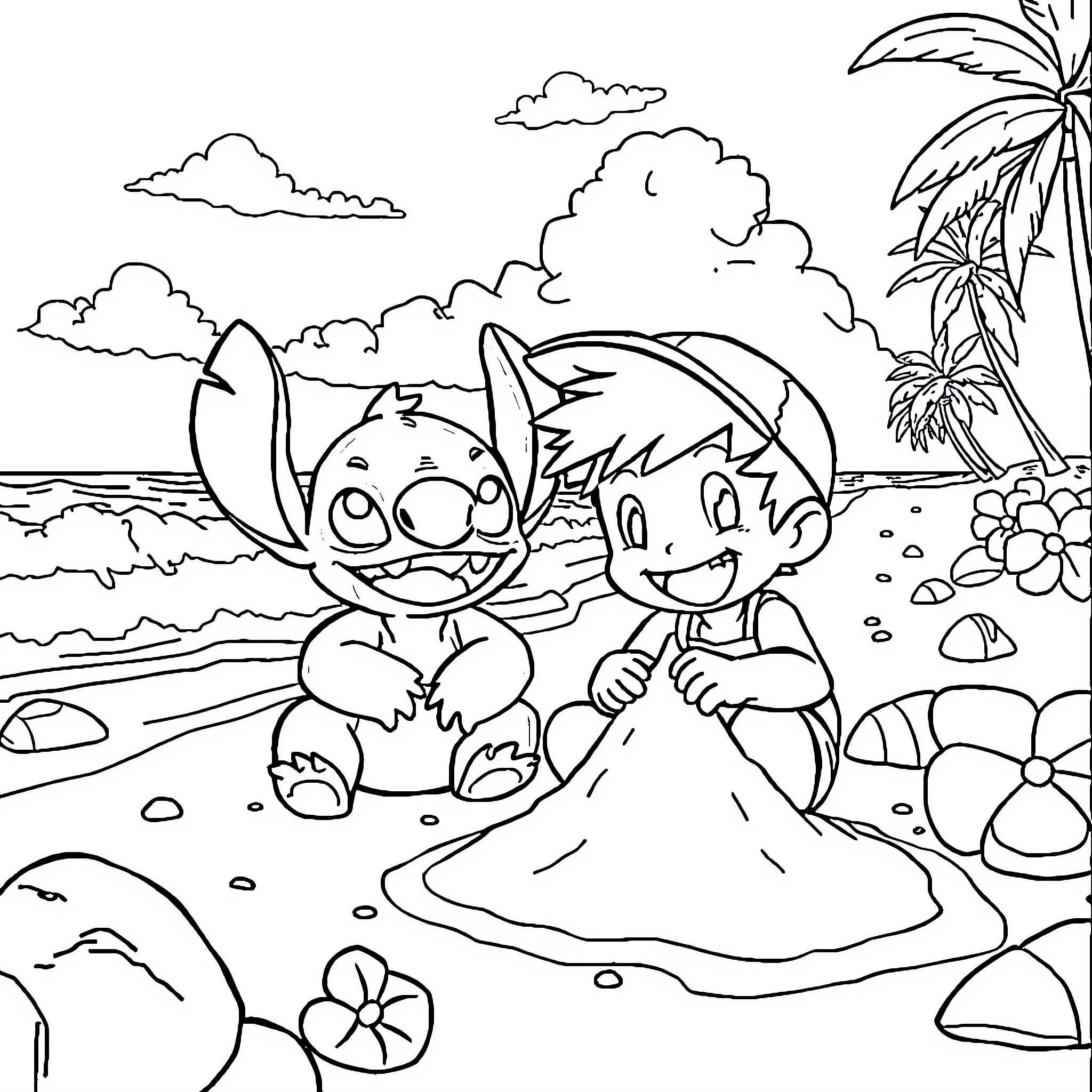 Ash Ketchum and Pikachu enjoying a beach adventure Coloring Page (free black-and-white line drawing printable PDF for all, from beginners to advanced learners, including children, teens, adults, and seniors)