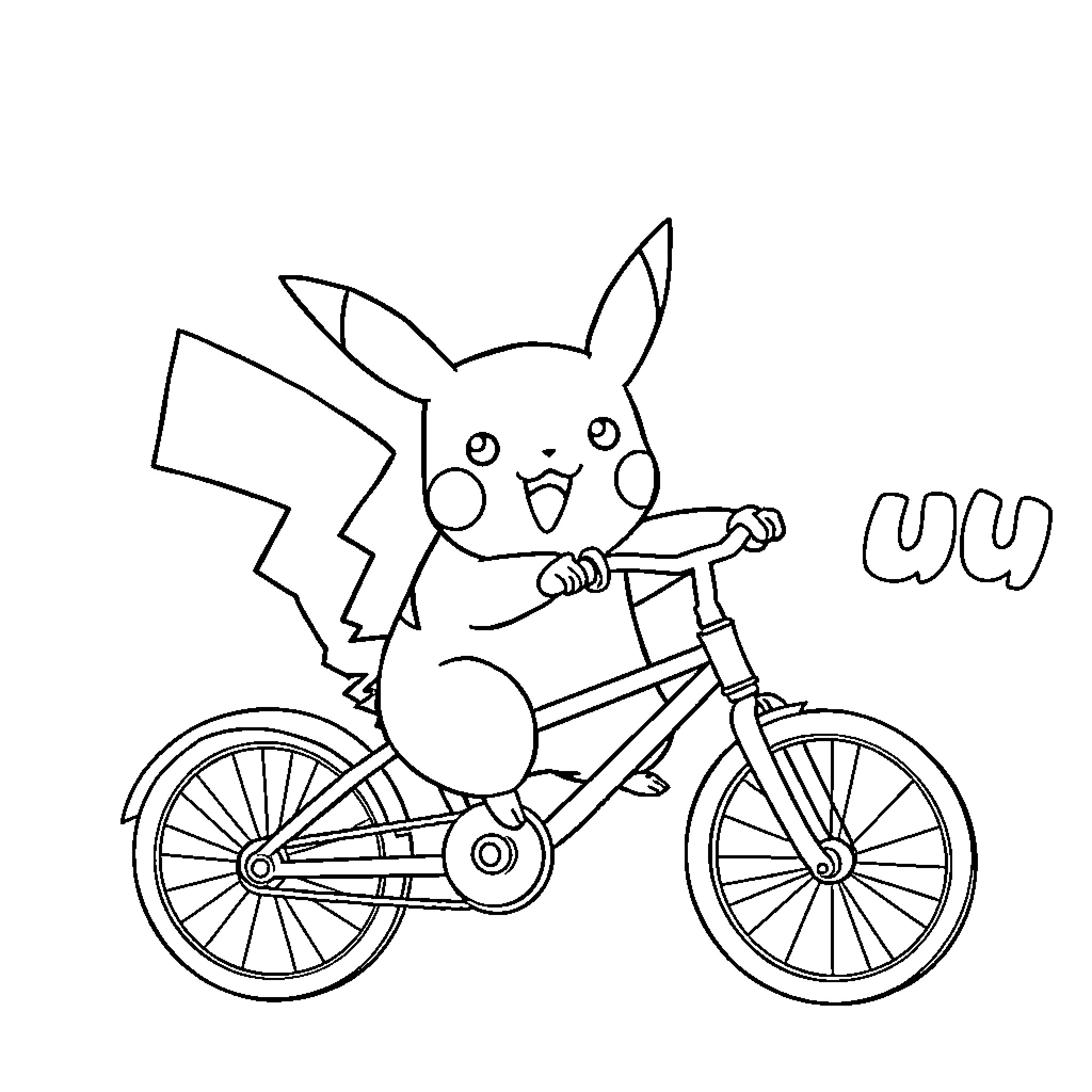 Pikachu riding a bicycle happily Coloring Page (free black-and-white line drawing printable PDF for all, from beginners to advanced learners, including children, teens, adults, and seniors)