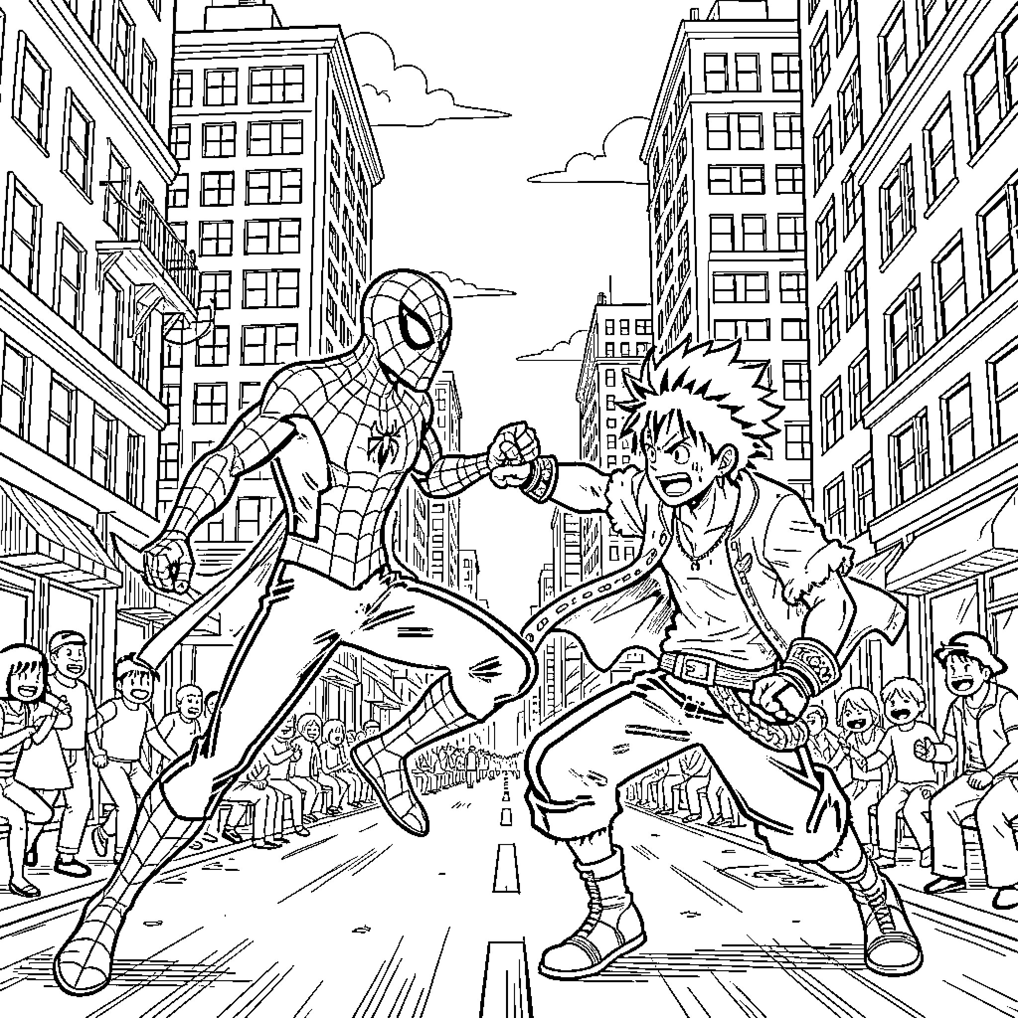 Spiderman fighting an anime character in a city street Coloring Page (free black-and-white line drawing printable PDF for all, from beginners to advanced learners, including children, teens, adults, and seniors)