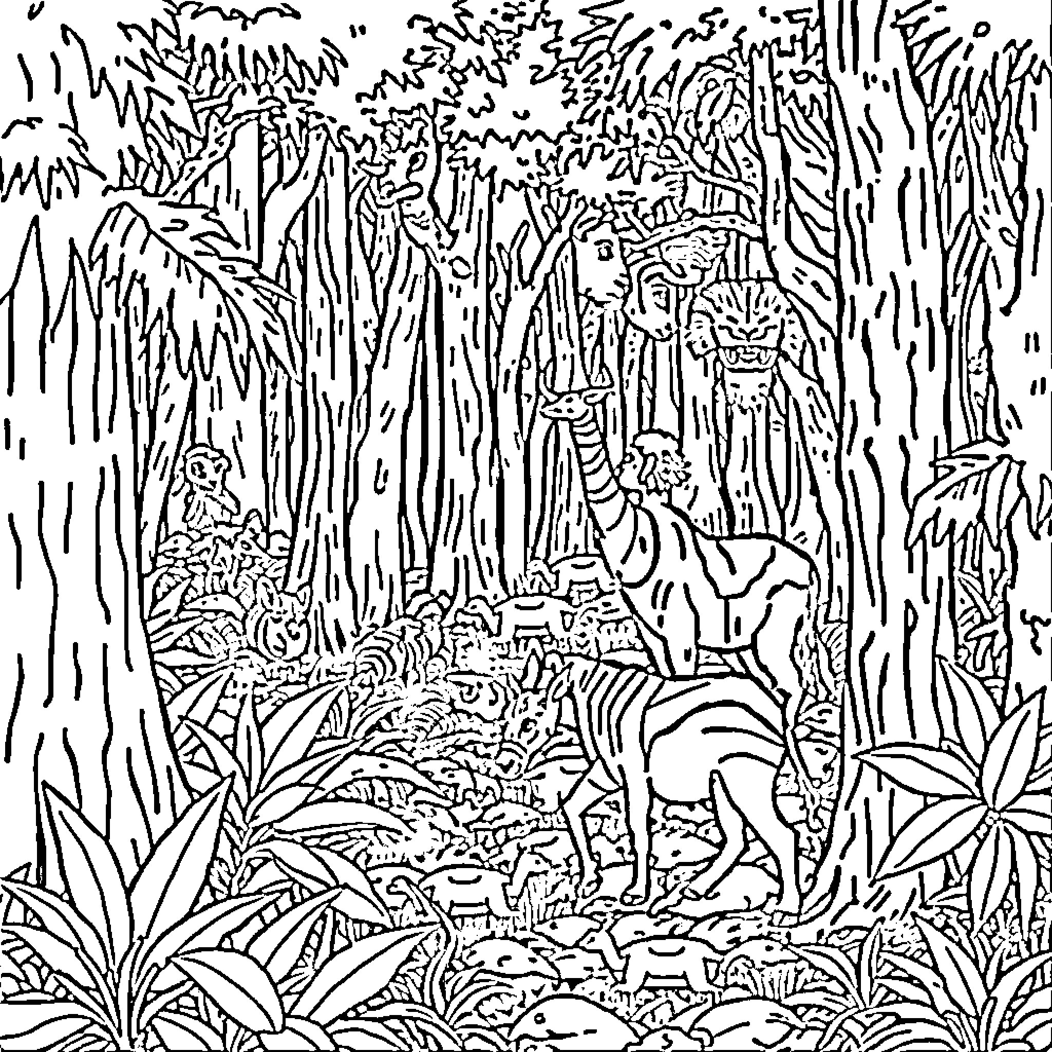 Animal fantasy scene in dense forest Coloring Page (free black-and-white line drawing printable PDF for all, from beginners to advanced learners, including children, teens, adults, and seniors)