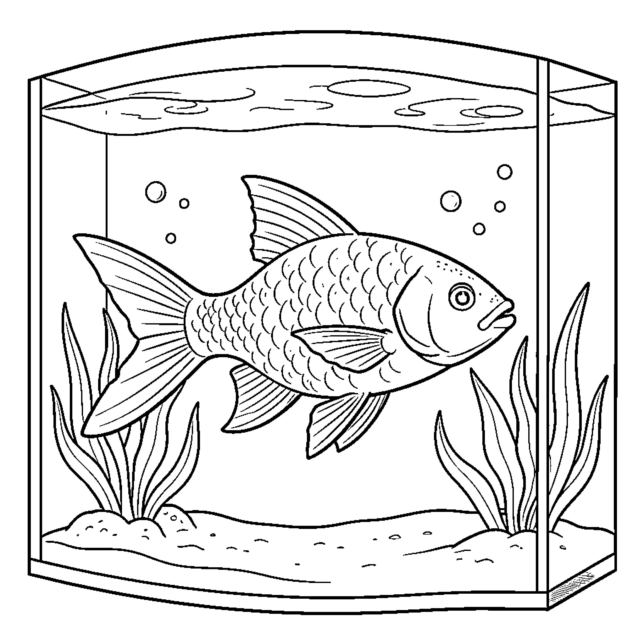 Shark swimming calmly in aquarium Coloring Page (free black-and-white line drawing printable PDF for all, from beginners to advanced learners, including children, teens, adults, and seniors)