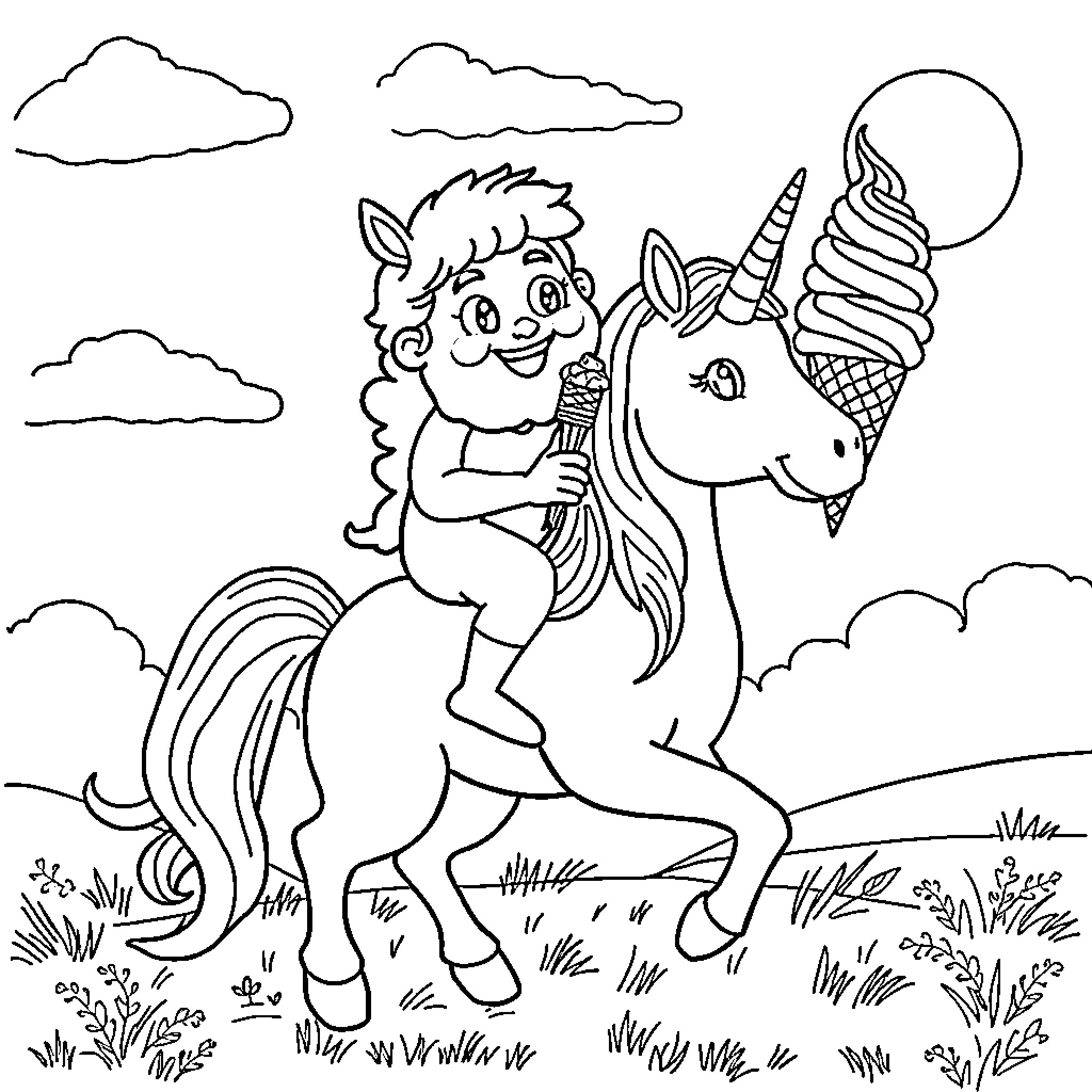 Rumi's Whimsical Unicorn Adventure Coloring Page (free black-and-white line drawing printable PDF for all, from beginners to advanced learners, including children, teens, adults, and seniors)
