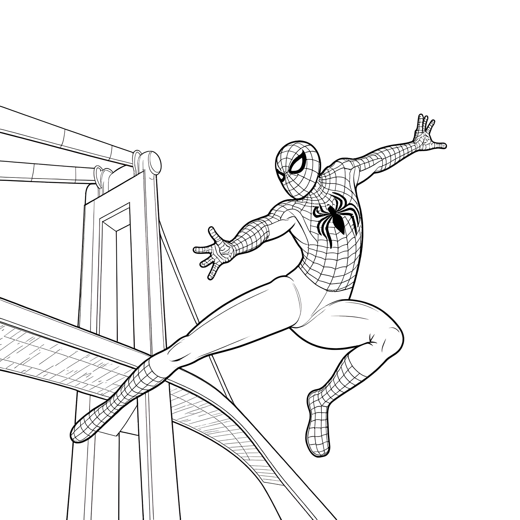 Spiderman swinging through the city in action Coloring Page (free black-and-white line drawing printable PDF for all, from beginners to advanced learners, including children, teens, adults, and seniors)