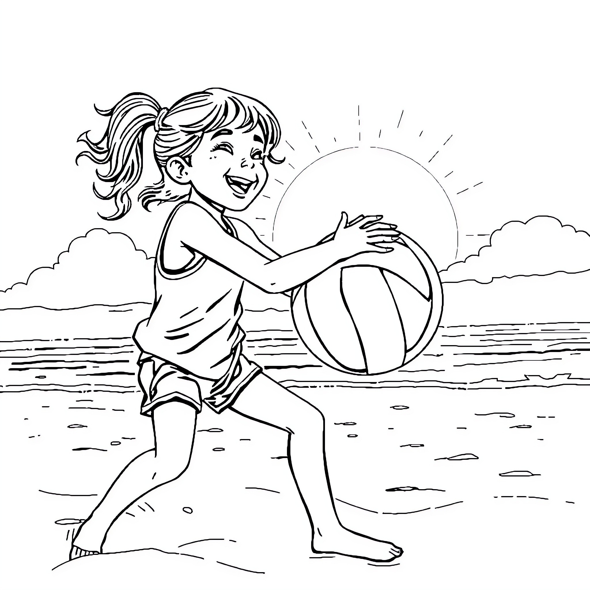 Girl playing happily with a beach ball on the shore Coloring Page (free black-and-white line drawing printable PDF for all, from beginners to advanced learners, including children, teens, adults, and seniors)