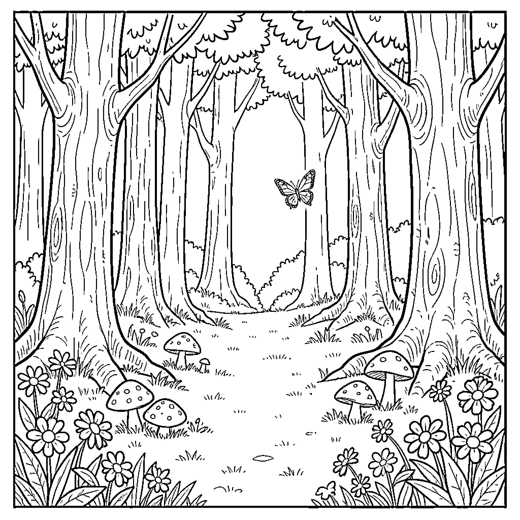 Forest path with butterflies and mushrooms among flowers Coloring Page (free black-and-white line drawing printable PDF for all, from beginners to advanced learners, including children, teens, adults, and seniors)