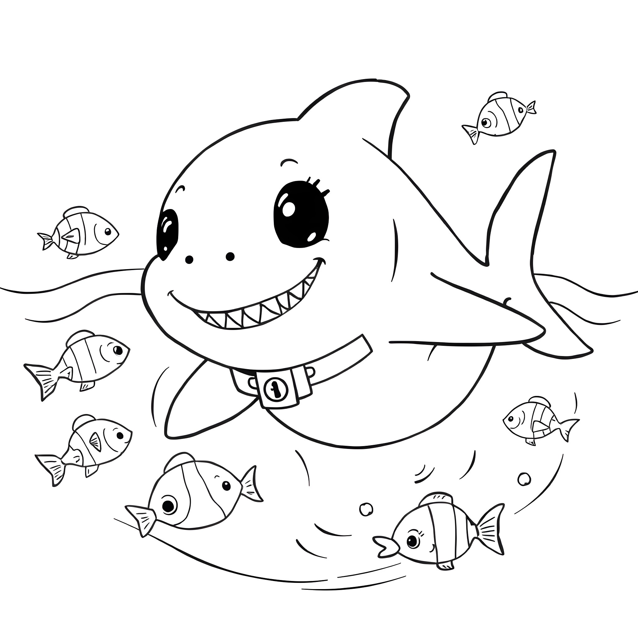 Baby Shark playing happily with little fish Coloring Page (free black-and-white line drawing printable PDF for all, from beginners to advanced learners, including children, teens, adults, and seniors)