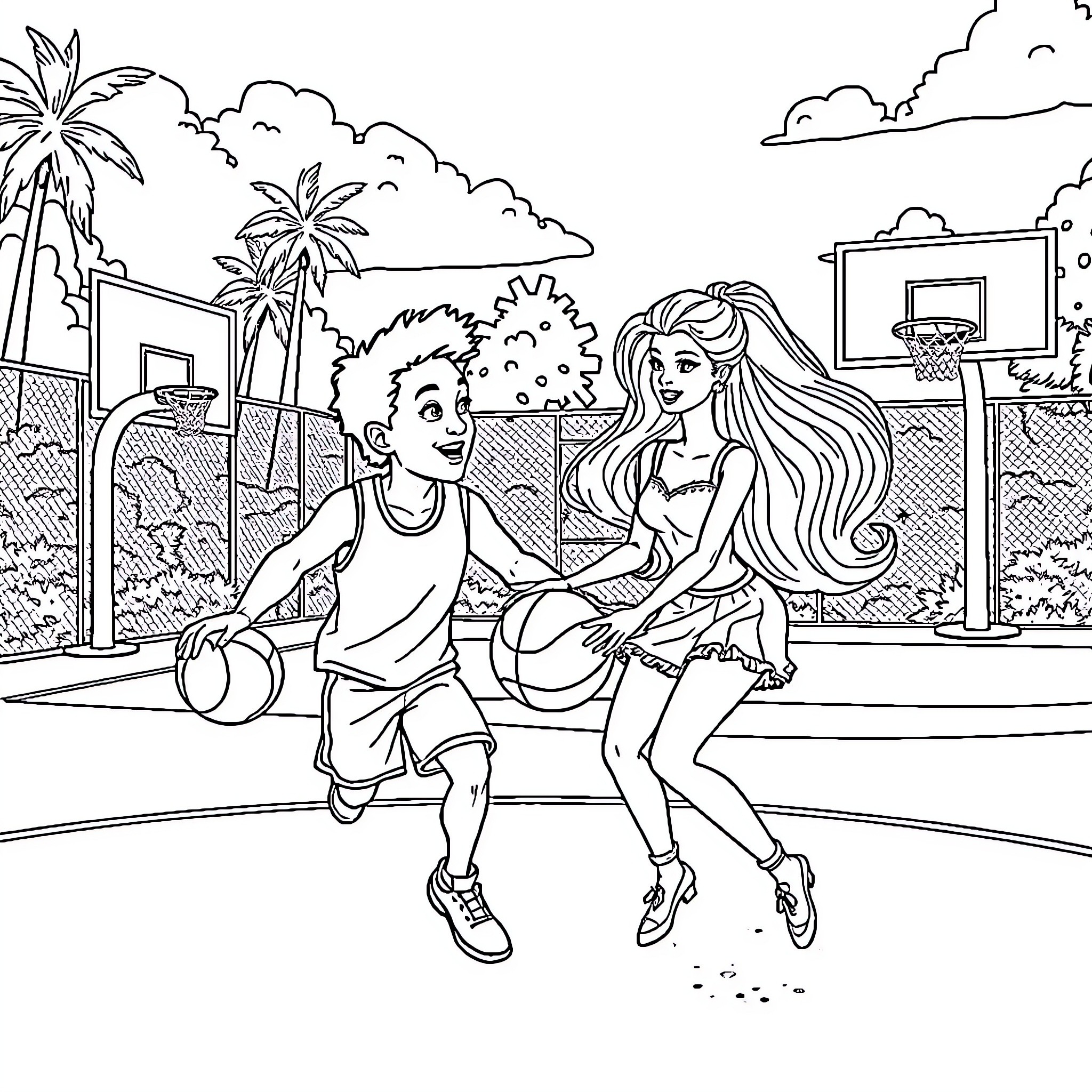 Bluey's basketball game with friends Coloring Page (free black-and-white line drawing printable PDF for all, from beginners to advanced learners, including children, teens, adults, and seniors)