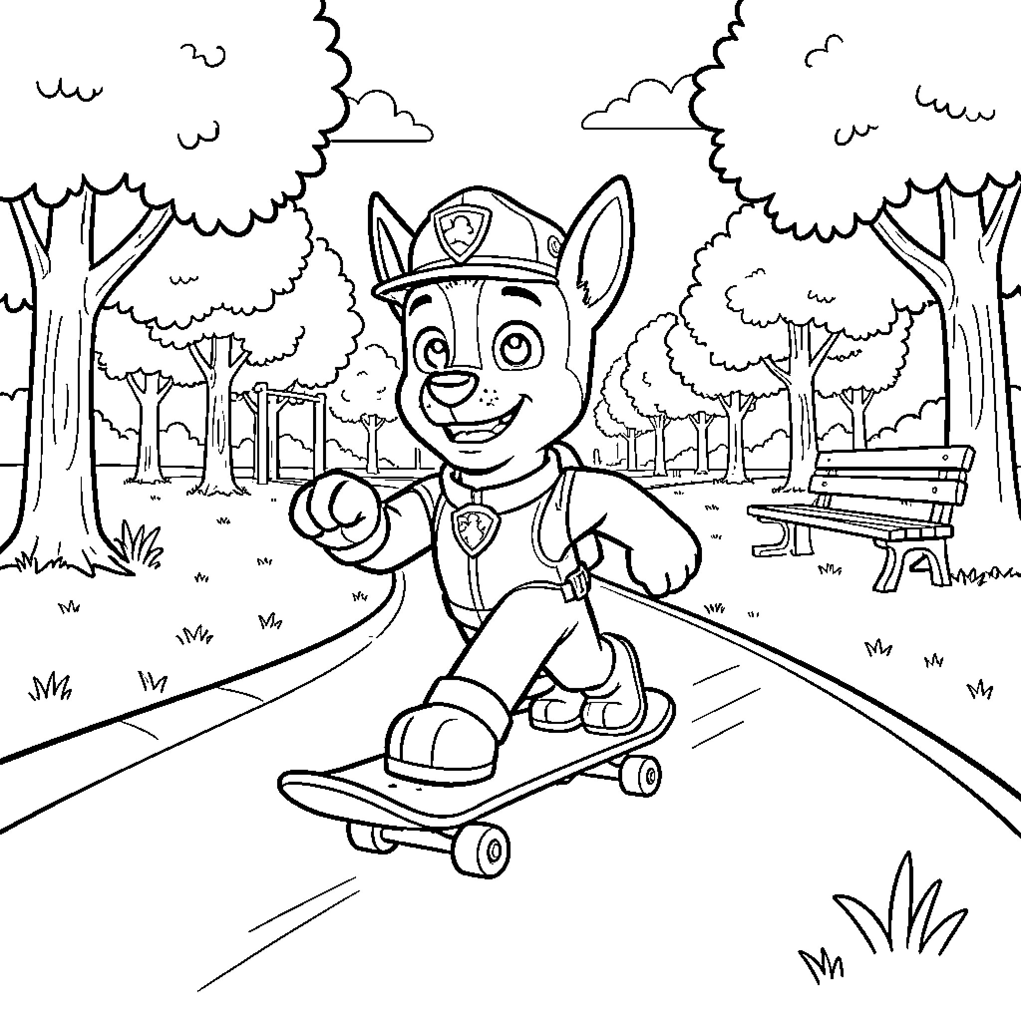 Rubble exploring the park on his skateboard Coloring Page (free black-and-white line drawing printable PDF for all, from beginners to advanced learners, including children, teens, adults, and seniors)