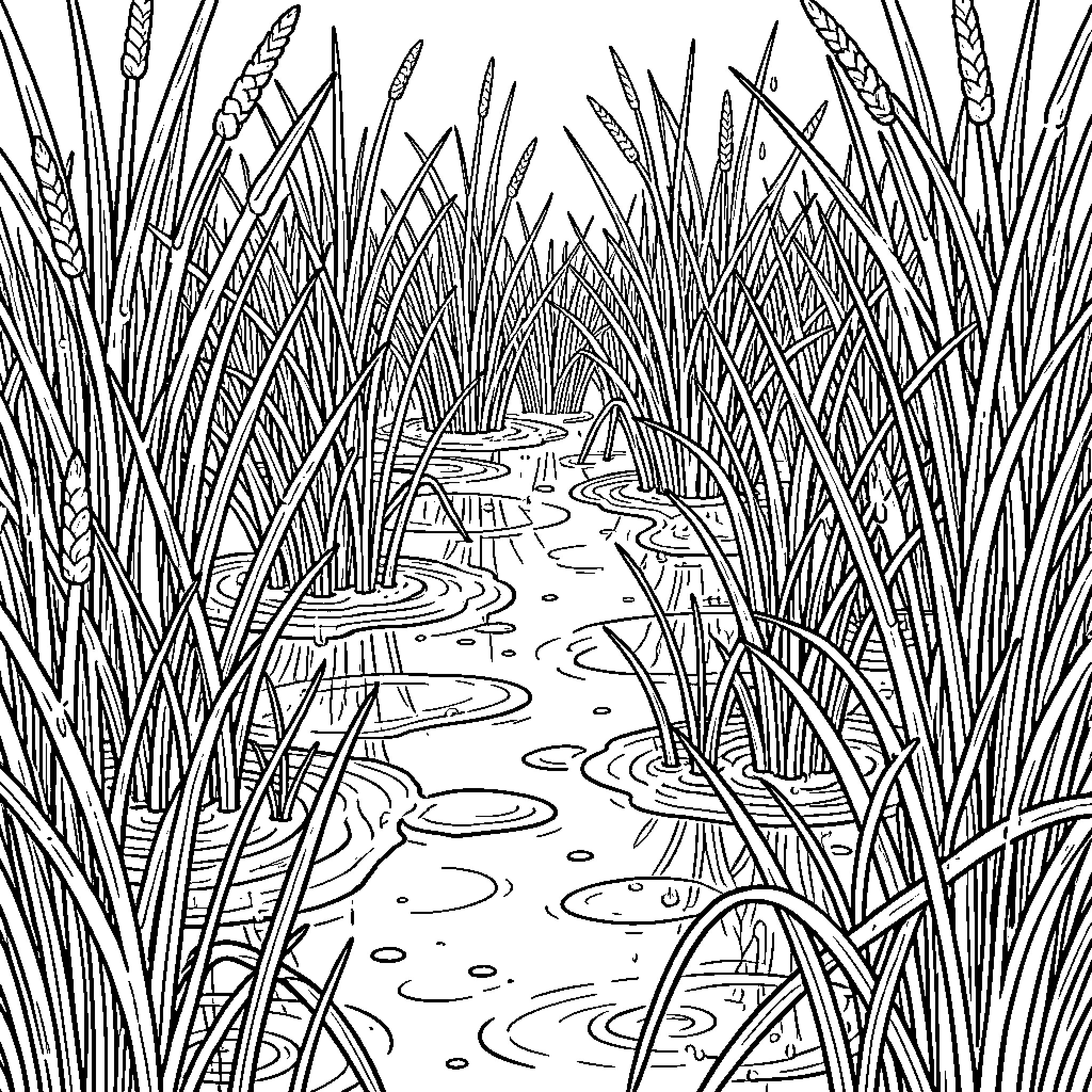 Bog full of tall reeds and a winding stream Coloring Page (free black-and-white line drawing printable PDF for all, from beginners to advanced learners, including children, teens, adults, and seniors)