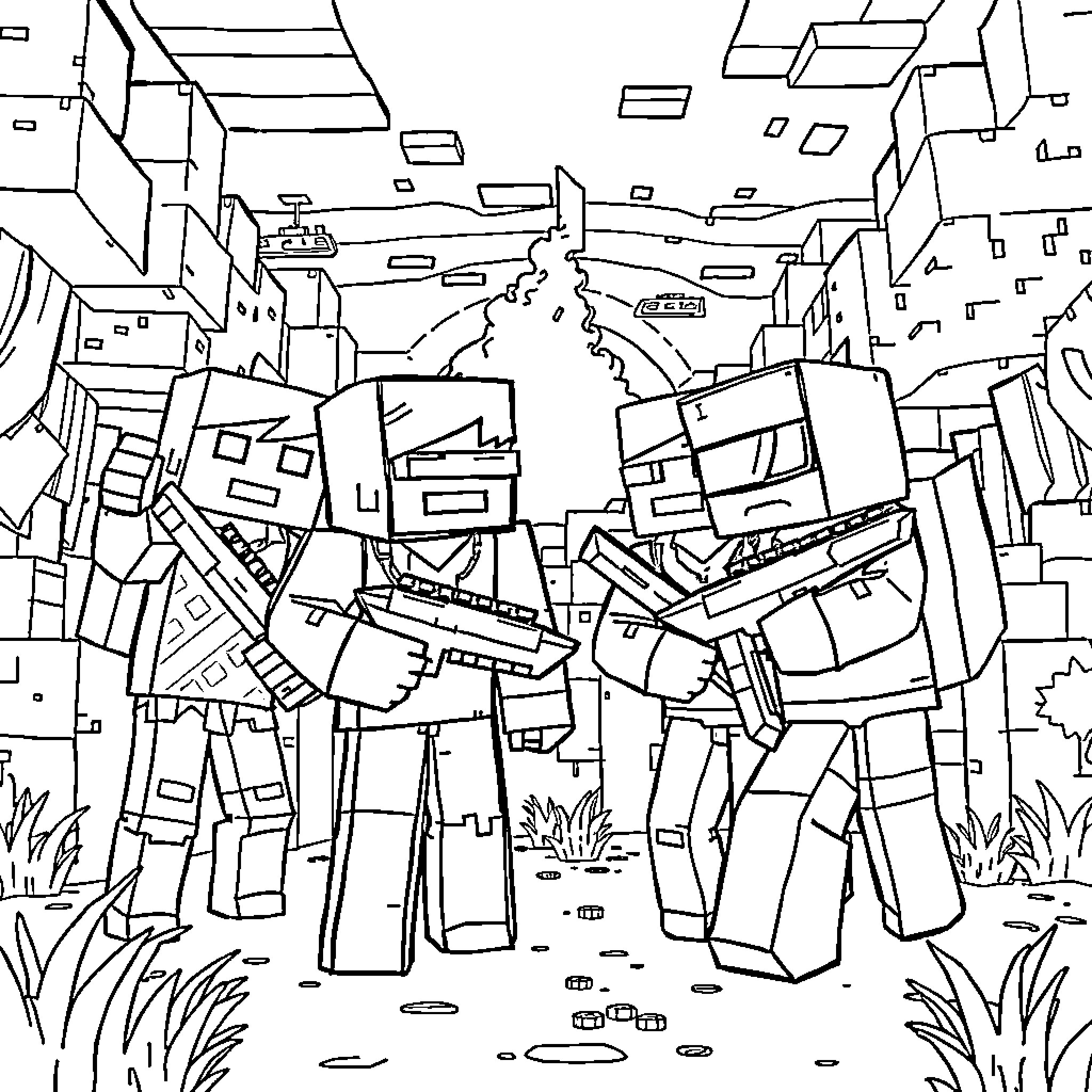 Minecraft Characters Exploring Blocky Wilderness Coloring Page (free black-and-white line drawing printable PDF for all, from beginners to advanced learners, including children, teens, adults, and seniors)