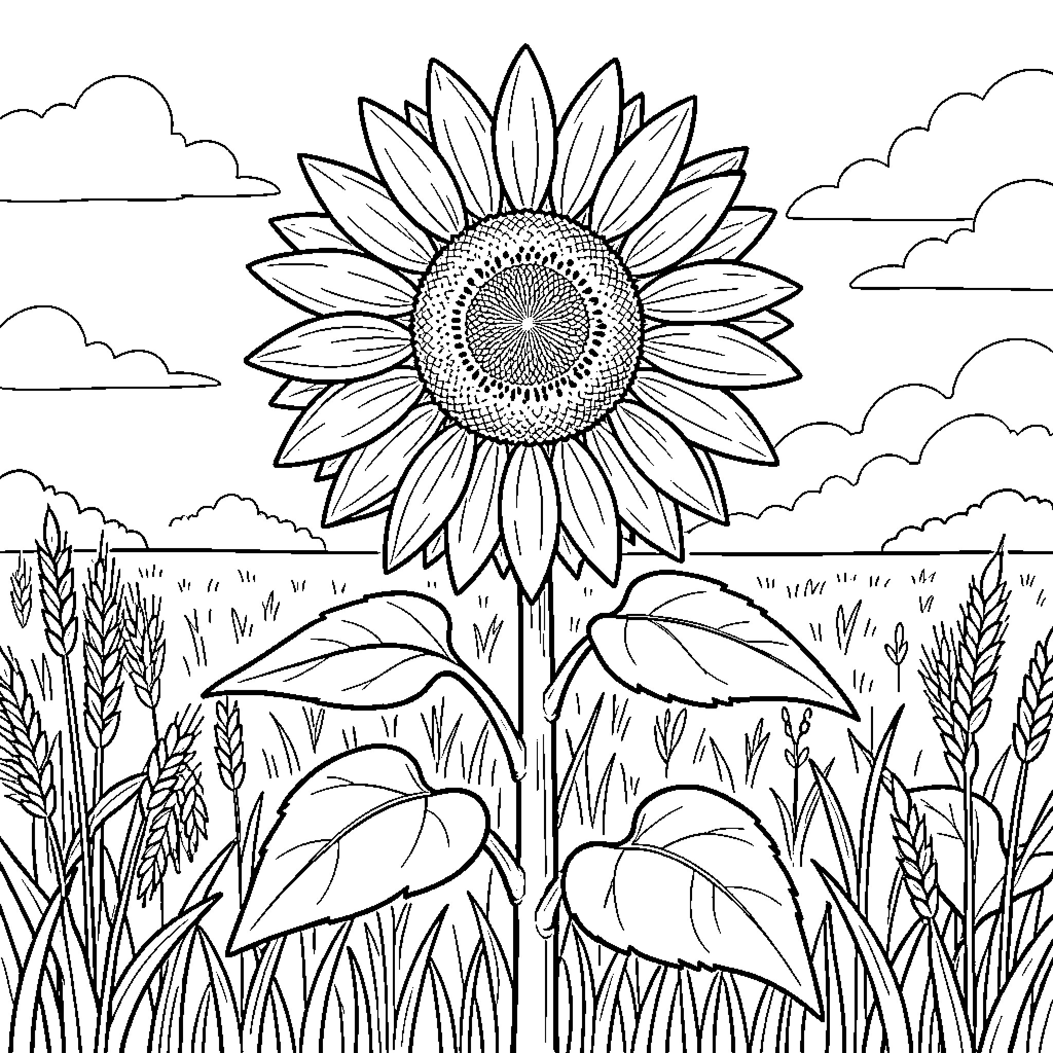 Sunflower blooming amidst a field of wild grass Coloring Page (free black-and-white line drawing printable PDF for all, from beginners to advanced learners, including children, teens, adults, and seniors)