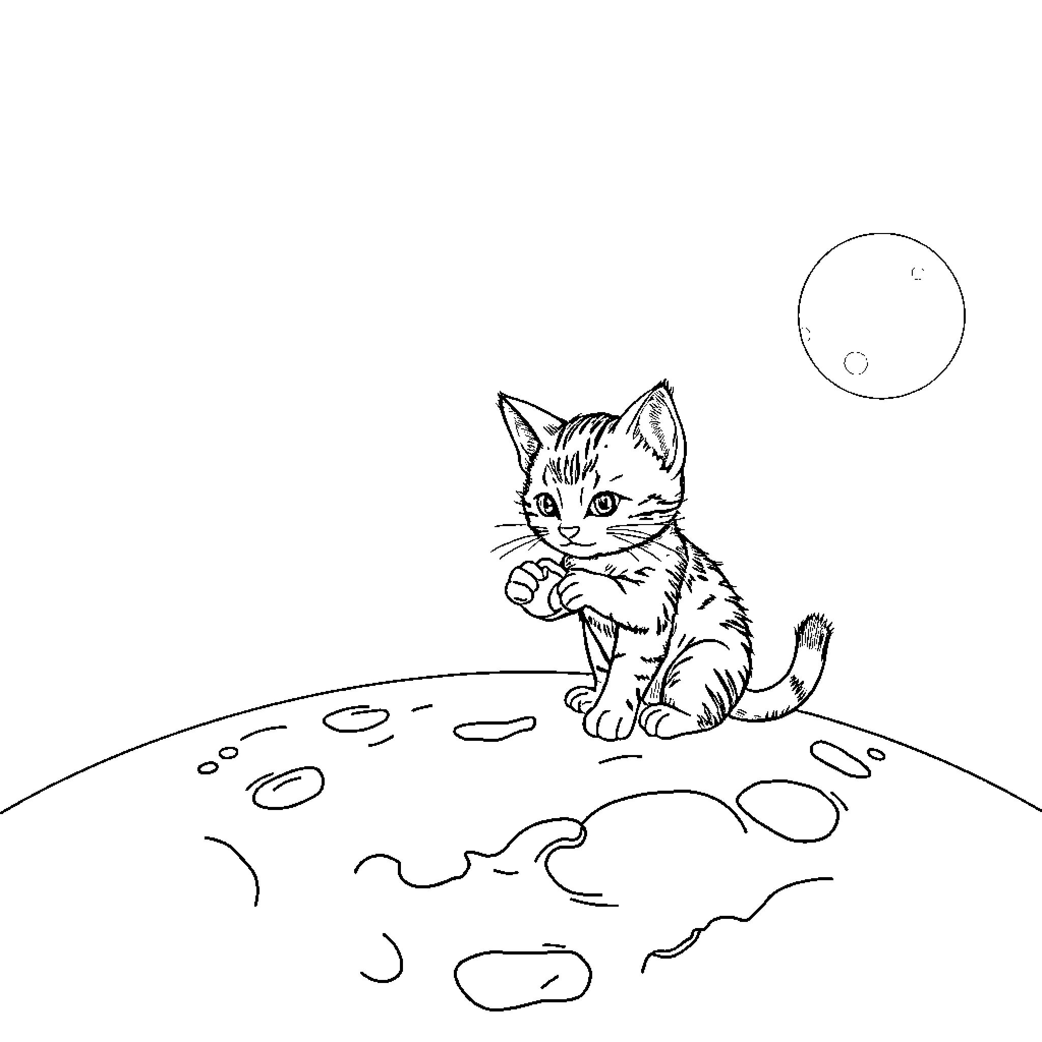 Gato exploring the craters of the moon Coloring Page (free black-and-white line drawing printable PDF for all, from beginners to advanced learners, including children, teens, adults, and seniors)