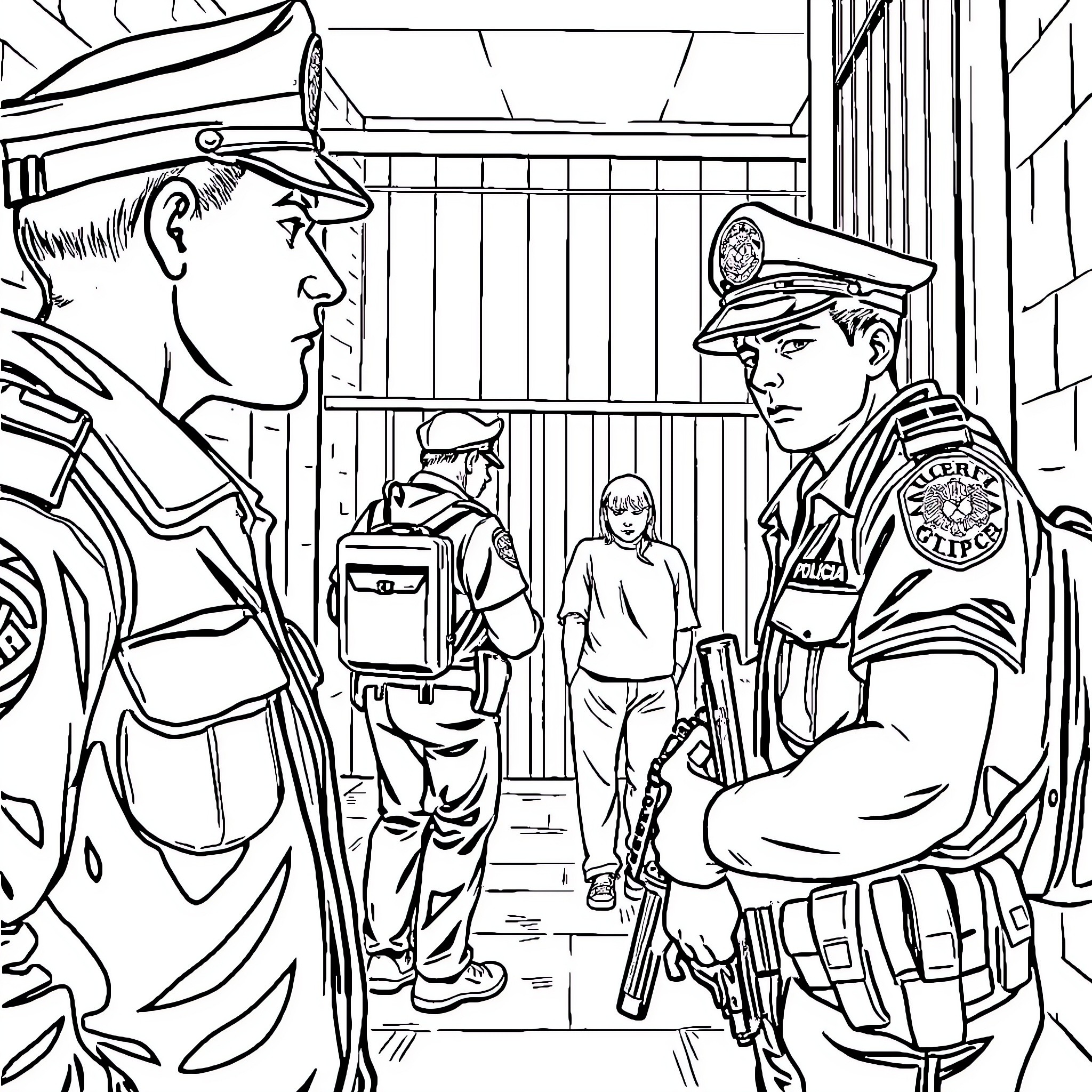 Adolescente confronted by authorities in a public setting Coloring Page (free black-and-white line drawing printable PDF for all, from beginners to advanced learners, including children, teens, adults, and seniors)