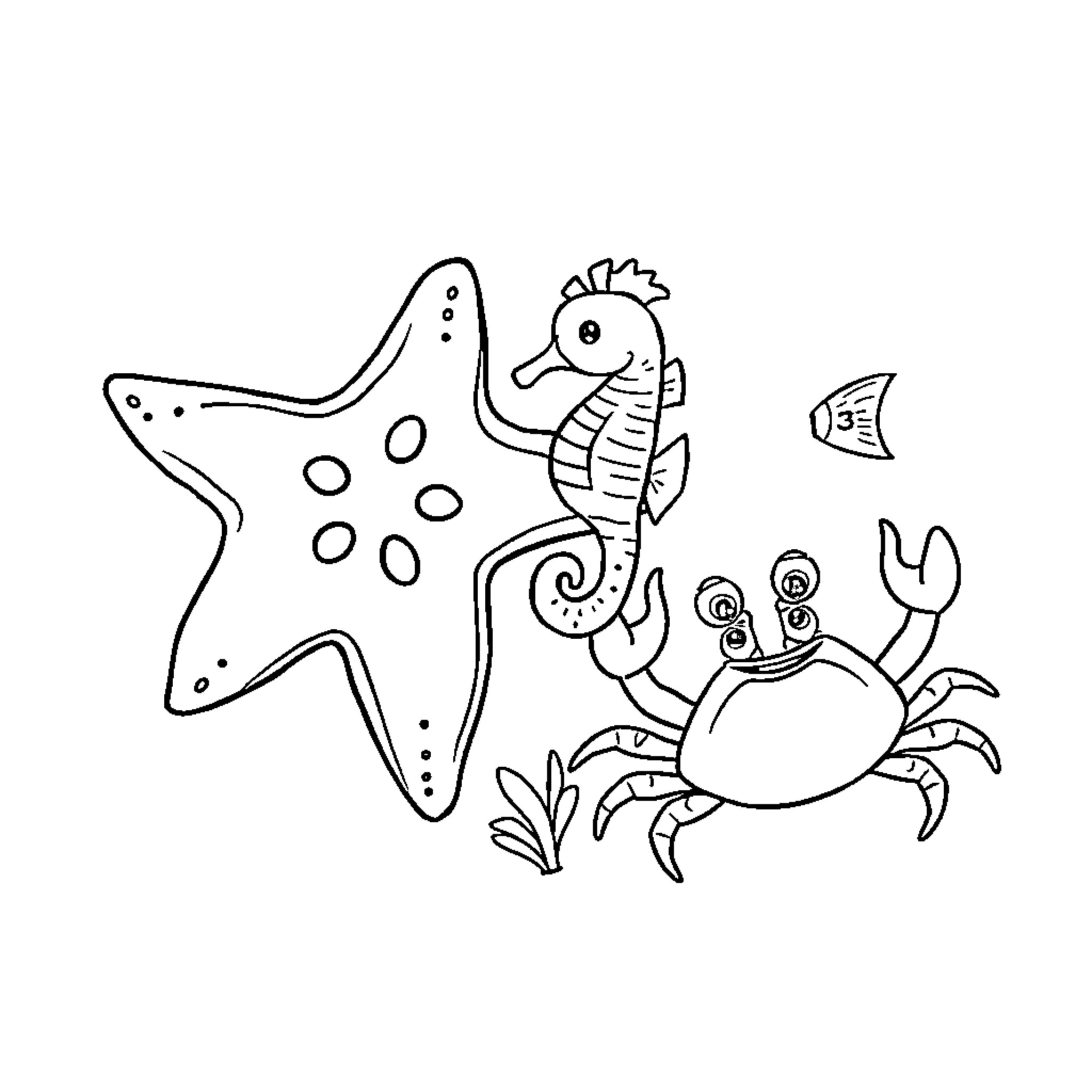 Sea Creatures playing and exploring the ocean Coloring Page (free black-and-white line drawing printable PDF for all, from beginners to advanced learners, including children, teens, adults, and seniors)