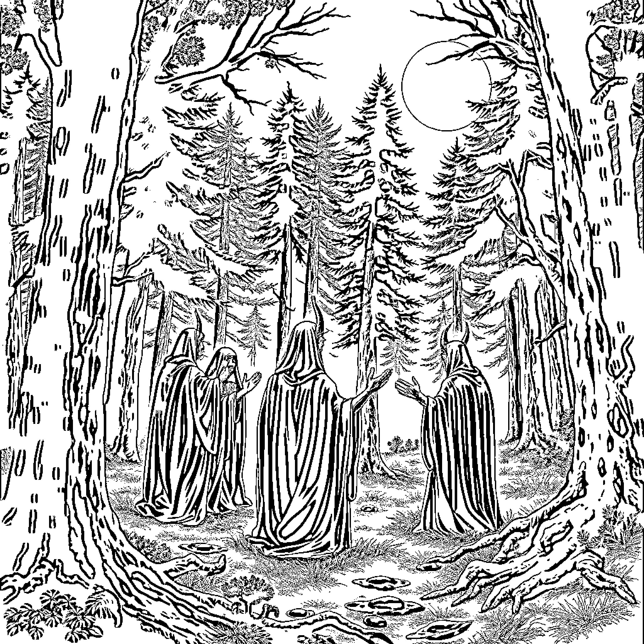Cult Rituals in the Enchanted Forest Coloring Page (free black-and-white line drawing printable PDF for all, from beginners to advanced learners, including children, teens, adults, and seniors)