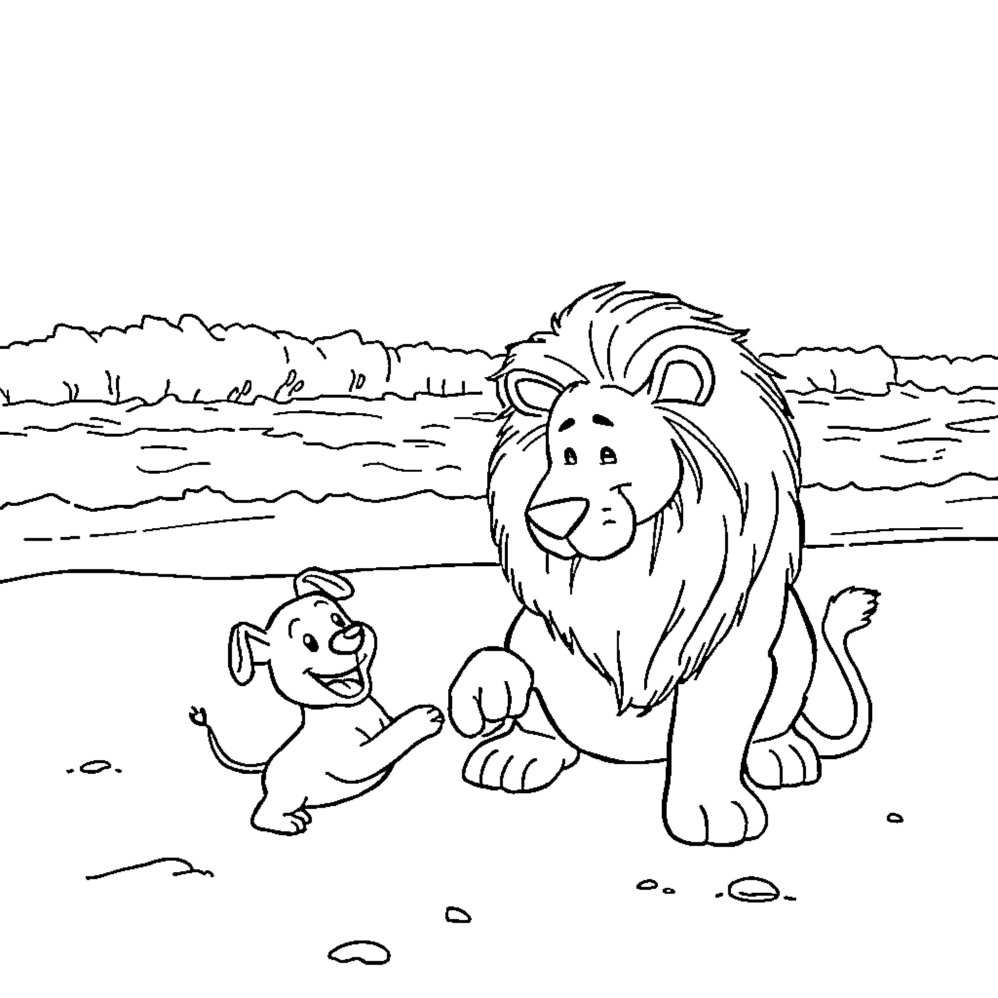 Dog and cub playing happily in the wilderness Coloring Page (free black-and-white line drawing printable PDF for all, from beginners to advanced learners, including children, teens, adults, and seniors)
