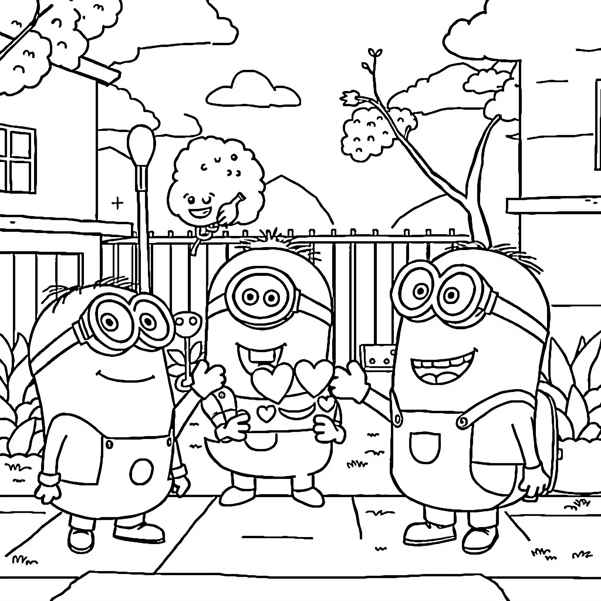 Minions playing joyfully in the neighborhood Coloring Page (free black-and-white line drawing printable PDF for all, from beginners to advanced learners, including children, teens, adults, and seniors)
