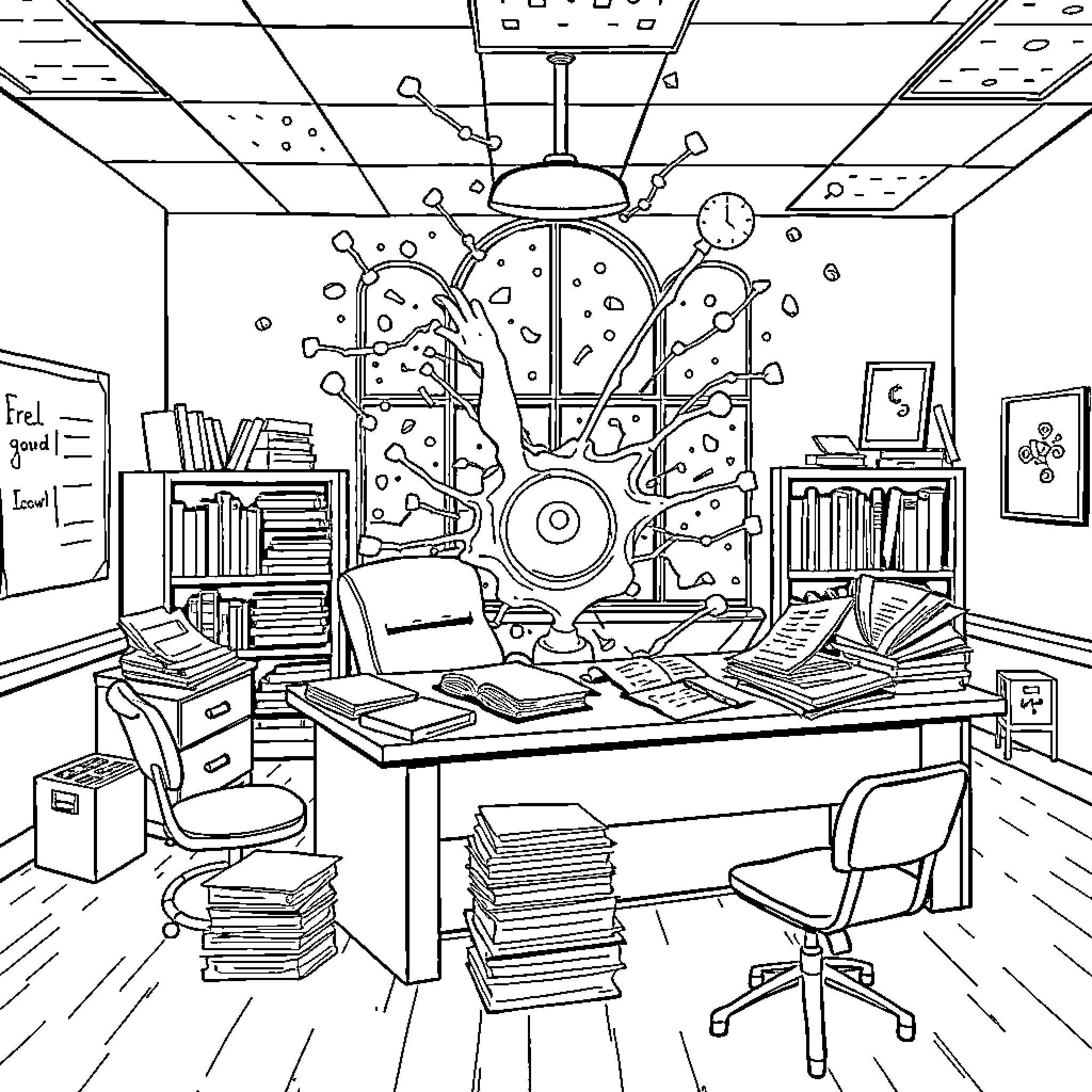 Nucleus of a Scholarly Workspace Coloring Page (free black-and-white line drawing printable PDF for all, from beginners to advanced learners, including children, teens, adults, and seniors)