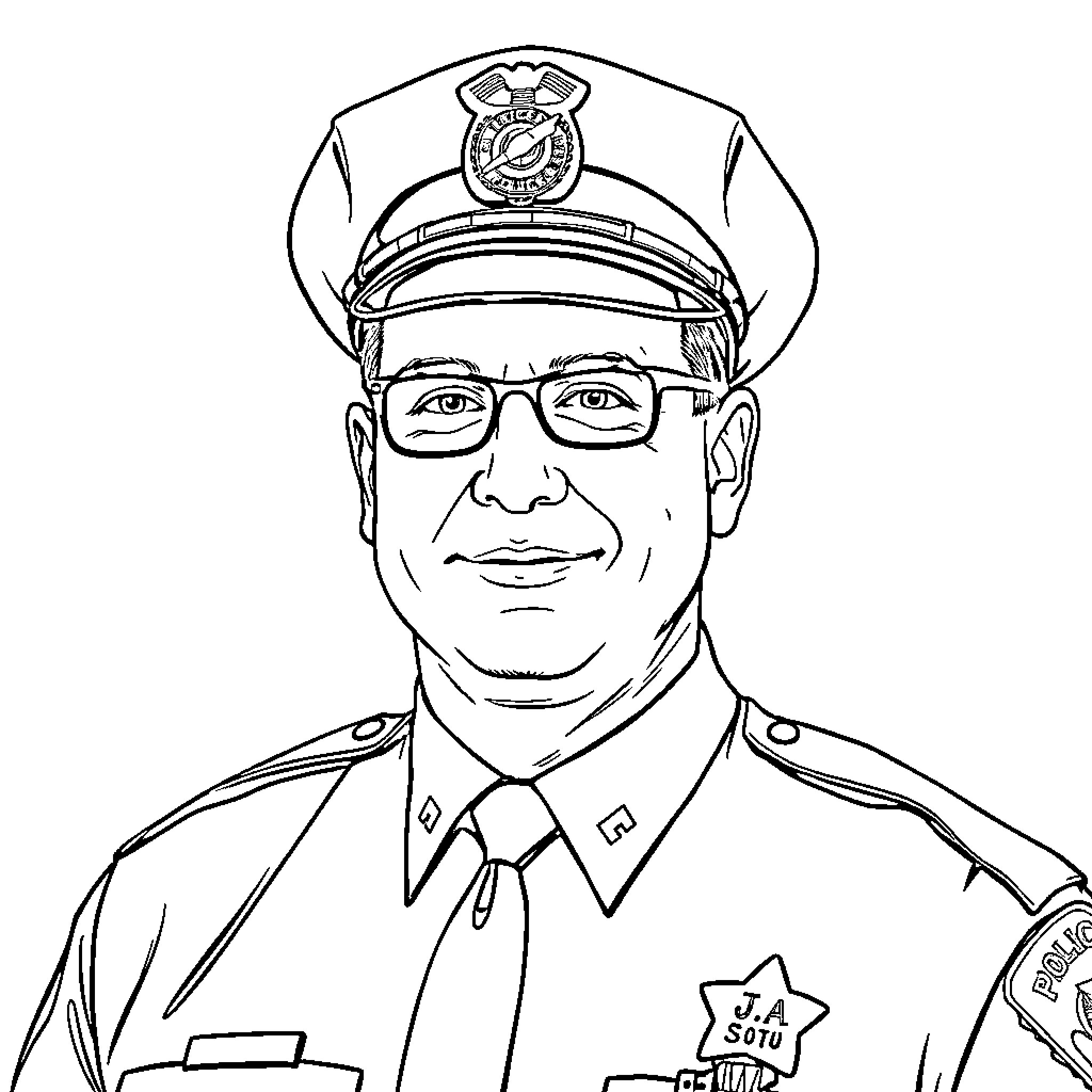 Jody Weiss: Police Officer in Uniform with Glasses Coloring Page (free black-and-white line drawing printable PDF for all, from beginners to advanced learners, including children, teens, adults, and seniors)