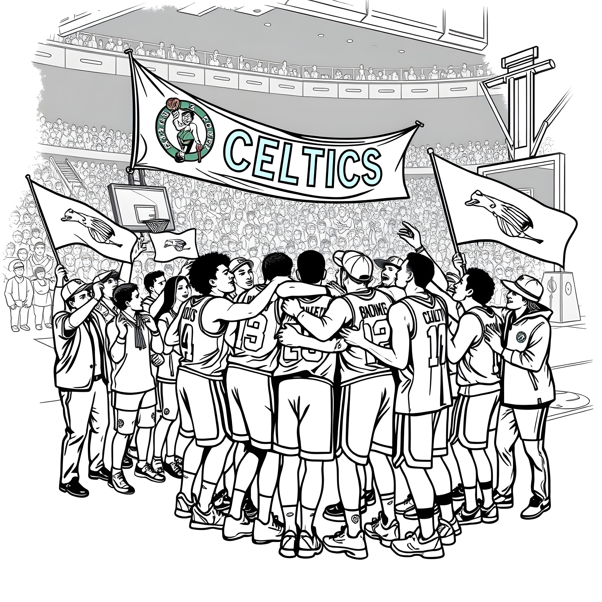 Boston Celtics players huddling together before the game Coloring Page (free black-and-white line drawing printable PDF for all, from beginners to advanced learners, including children, teens, adults, and seniors)
