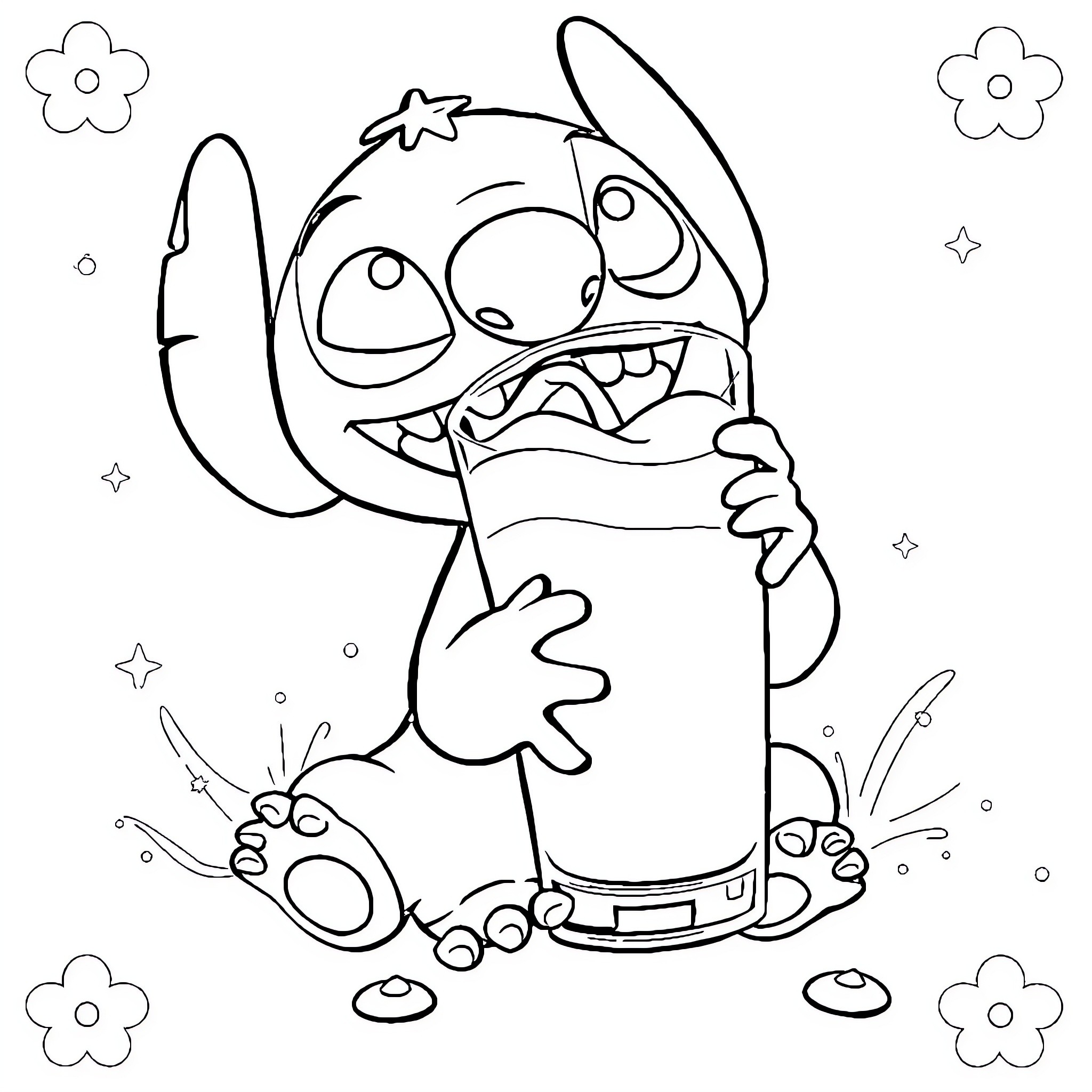 Stitch enjoys a silly snack Coloring Page (free black-and-white line drawing printable PDF for all, from beginners to advanced learners, including children, teens, adults, and seniors)