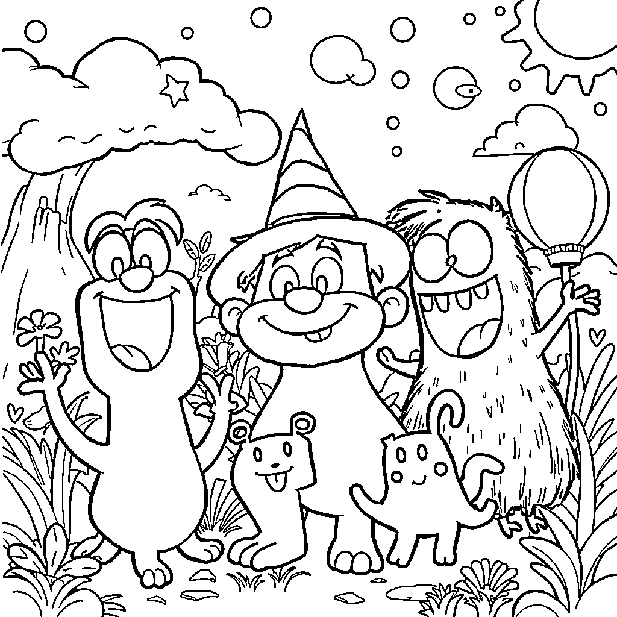 Bley Fun Creatures Exploring Whimsical Landscape Coloring Page (free black-and-white line drawing printable PDF for all, from beginners to advanced learners, including children, teens, adults, and seniors)
