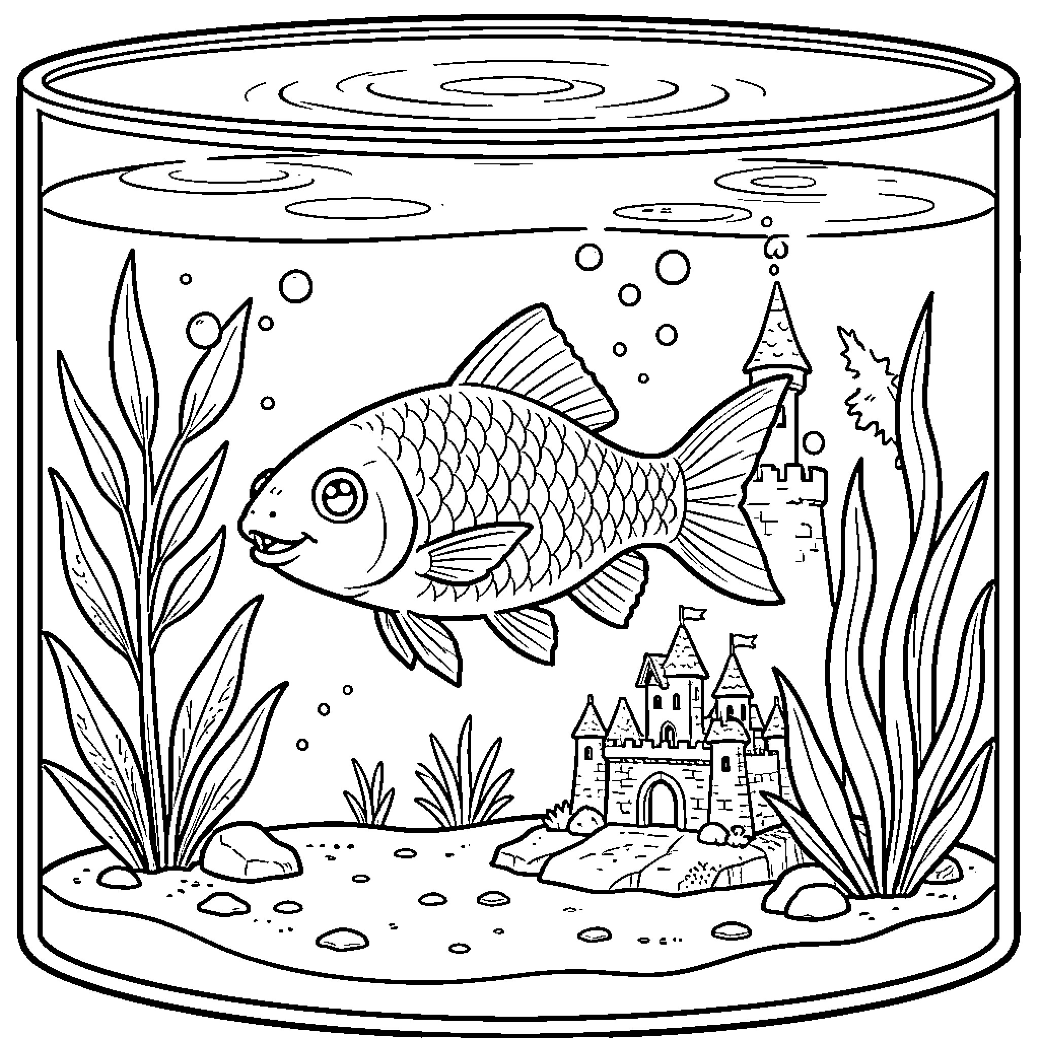 Corydoras swimming near a castle in an aquarium Coloring Page (free black-and-white line drawing printable PDF for all, from beginners to advanced learners, including children, teens, adults, and seniors)