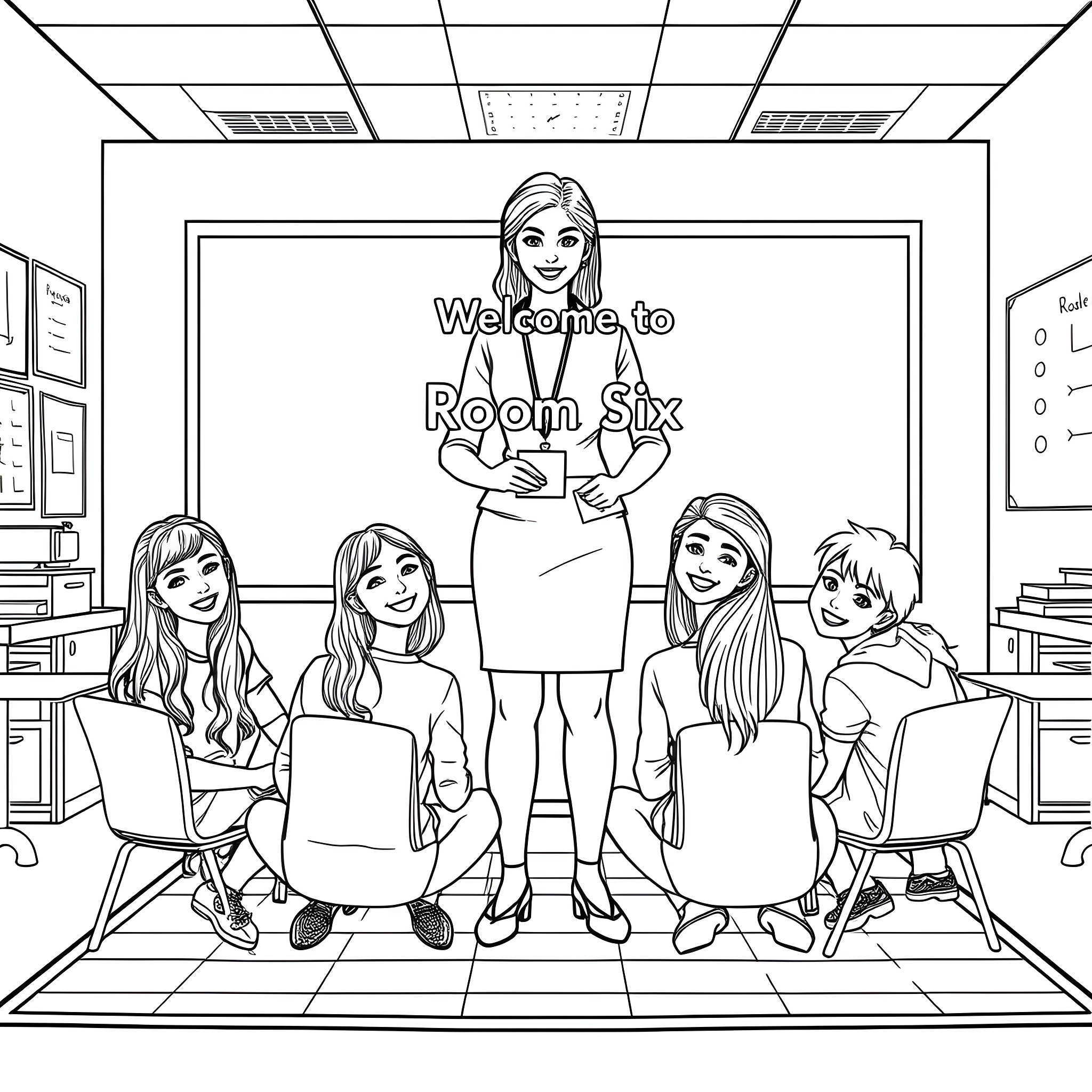 Teacher Welcomes Students in Classroom Setting Coloring Page (free black-and-white line drawing printable PDF for all, from beginners to advanced learners, including children, teens, adults, and seniors)