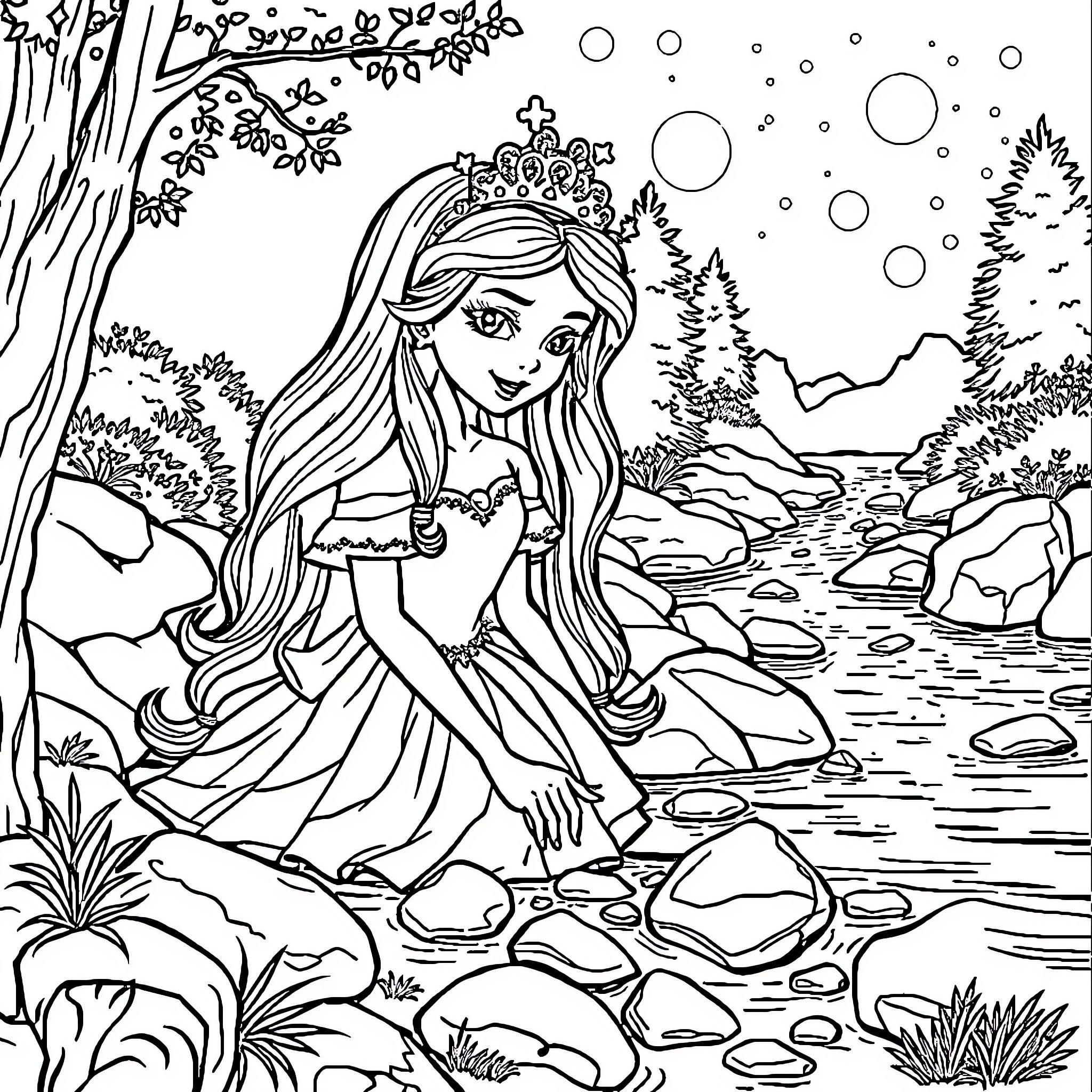 Princess in a Serene Woodland Scene Coloring Page (free black-and-white line drawing printable PDF for all, from beginners to advanced learners, including children, teens, adults, and seniors)