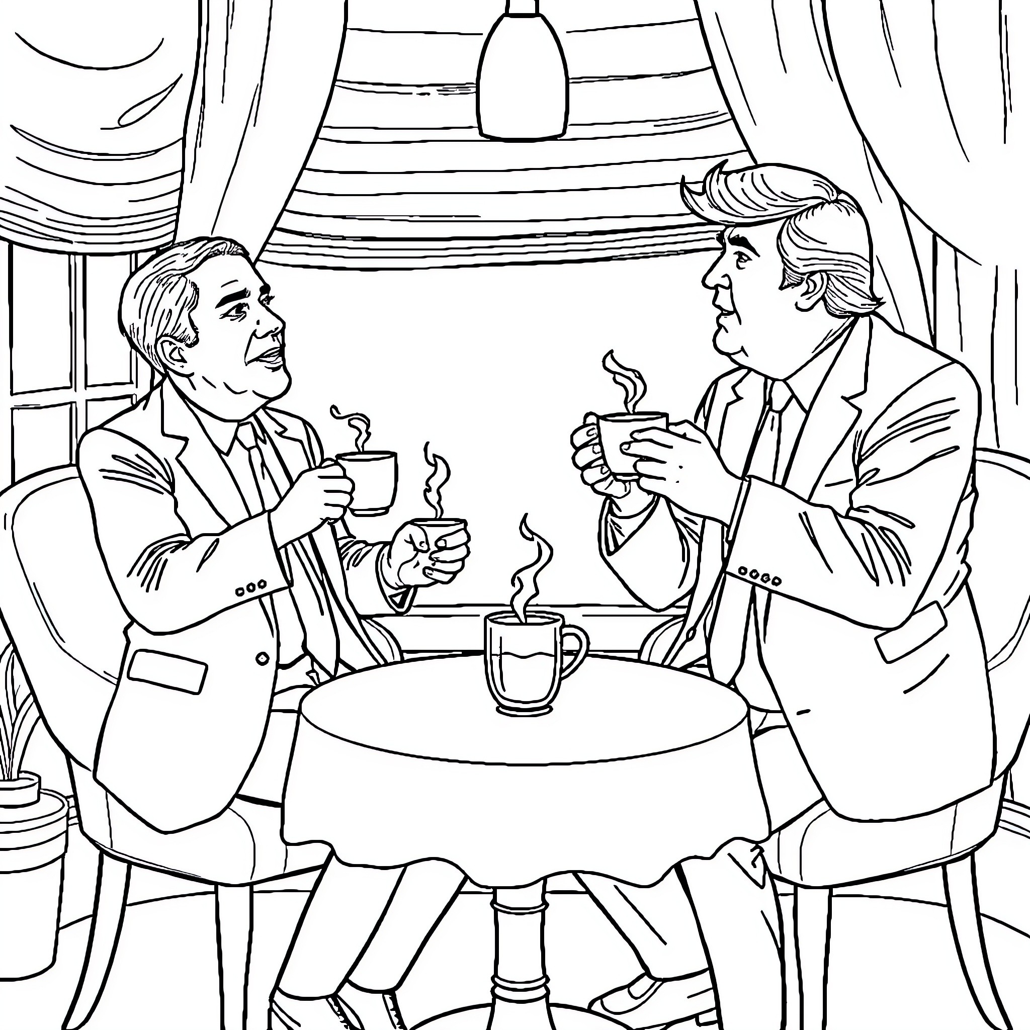 Ted Lasso Discussing with Colleague in Formal Setting Coloring Page (free black-and-white line drawing printable PDF for all, from beginners to advanced learners, including children, teens, adults, and seniors)