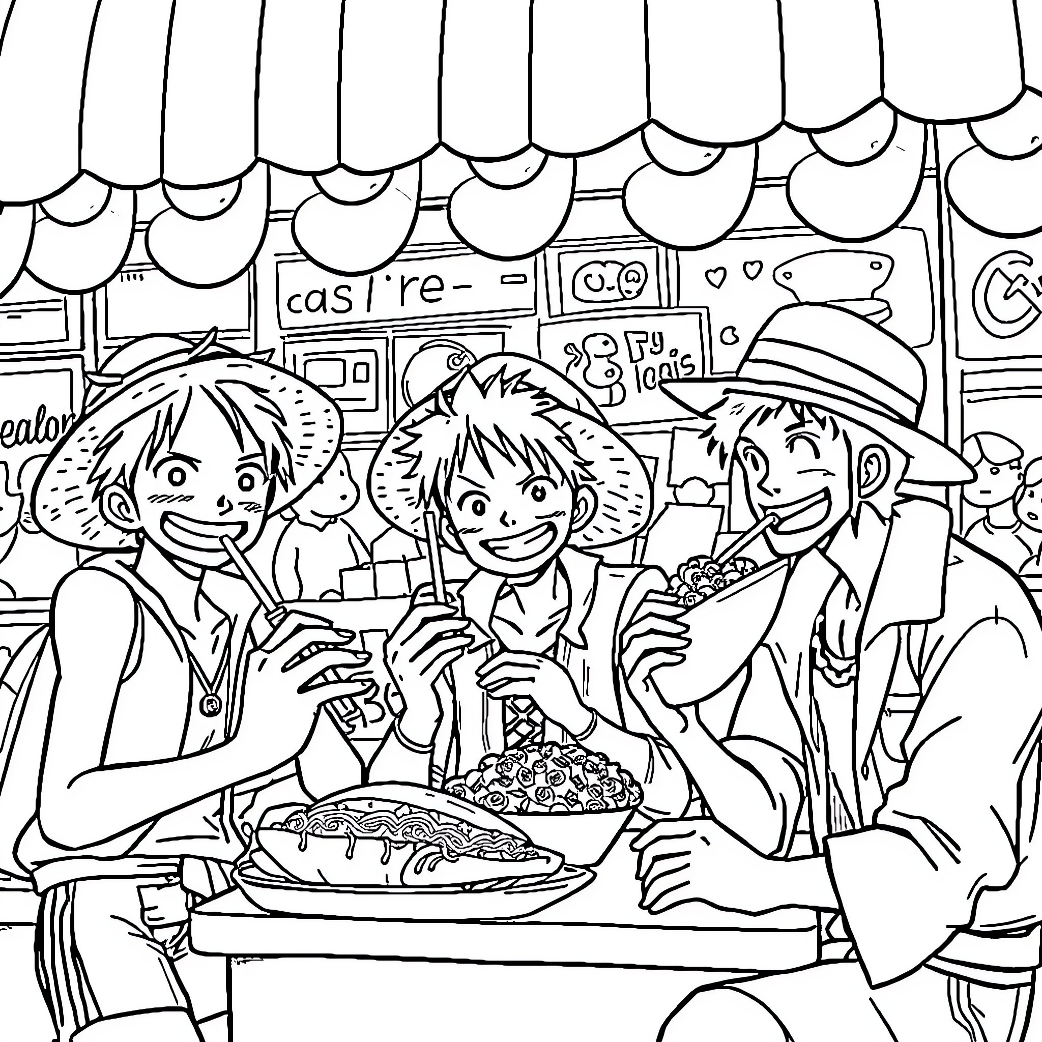 Luffy and Friends Enjoying a Festive Feast Coloring Page (free black-and-white line drawing printable PDF for all, from beginners to advanced learners, including children, teens, adults, and seniors)