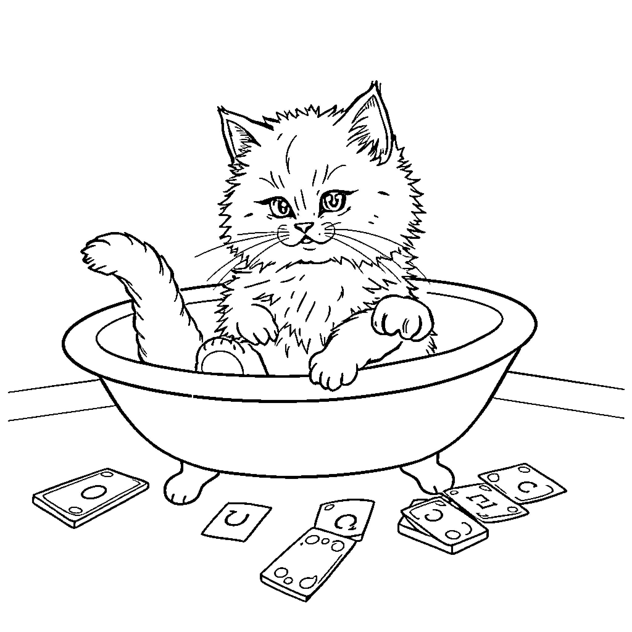 Cat taking a relaxing bath in the tub Coloring Page (free black-and-white line drawing printable PDF for all, from beginners to advanced learners, including children, teens, adults, and seniors)