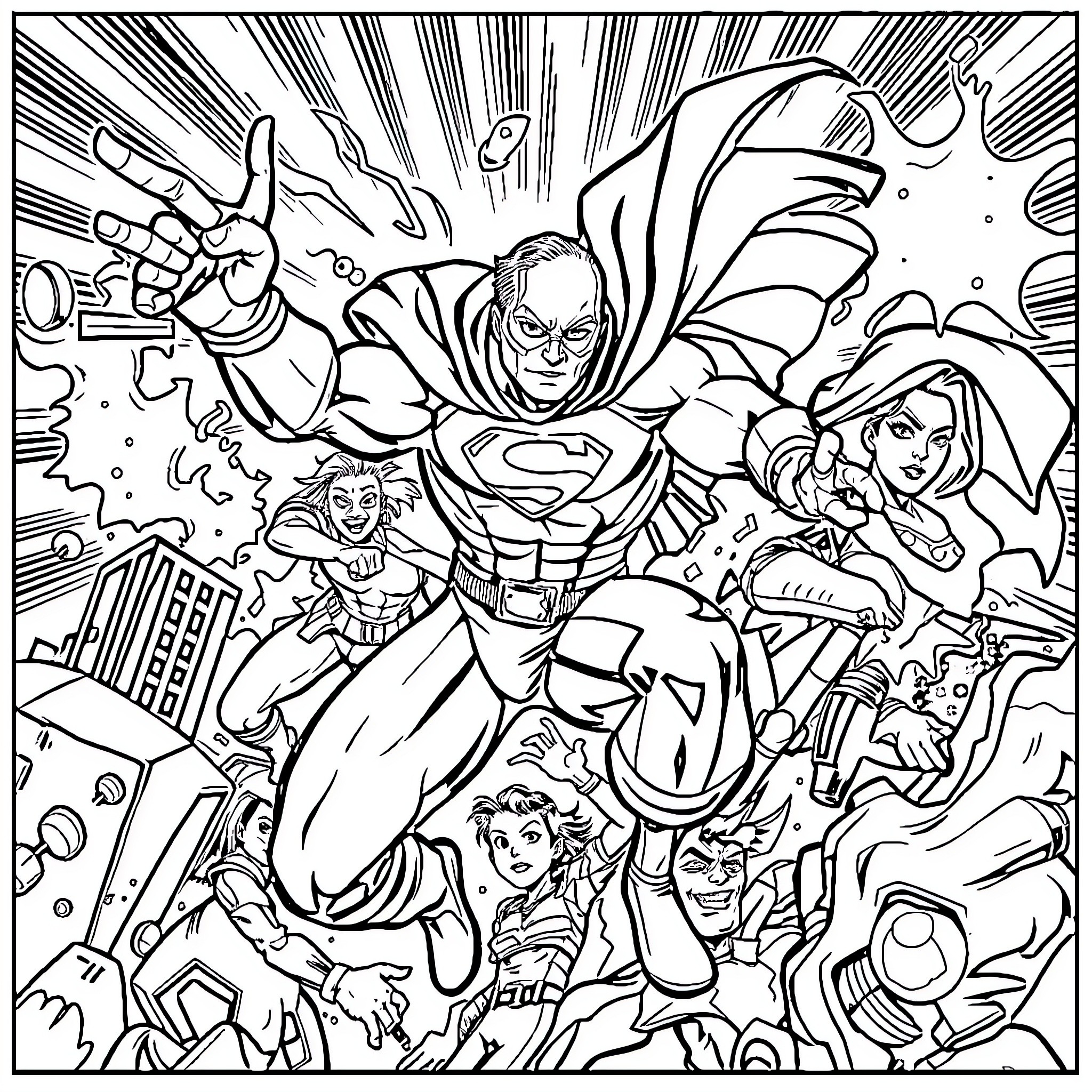 Comic Superheroes in Intense Action Scene Coloring Page (free black-and-white line drawing printable PDF for all, from beginners to advanced learners, including children, teens, adults, and seniors)