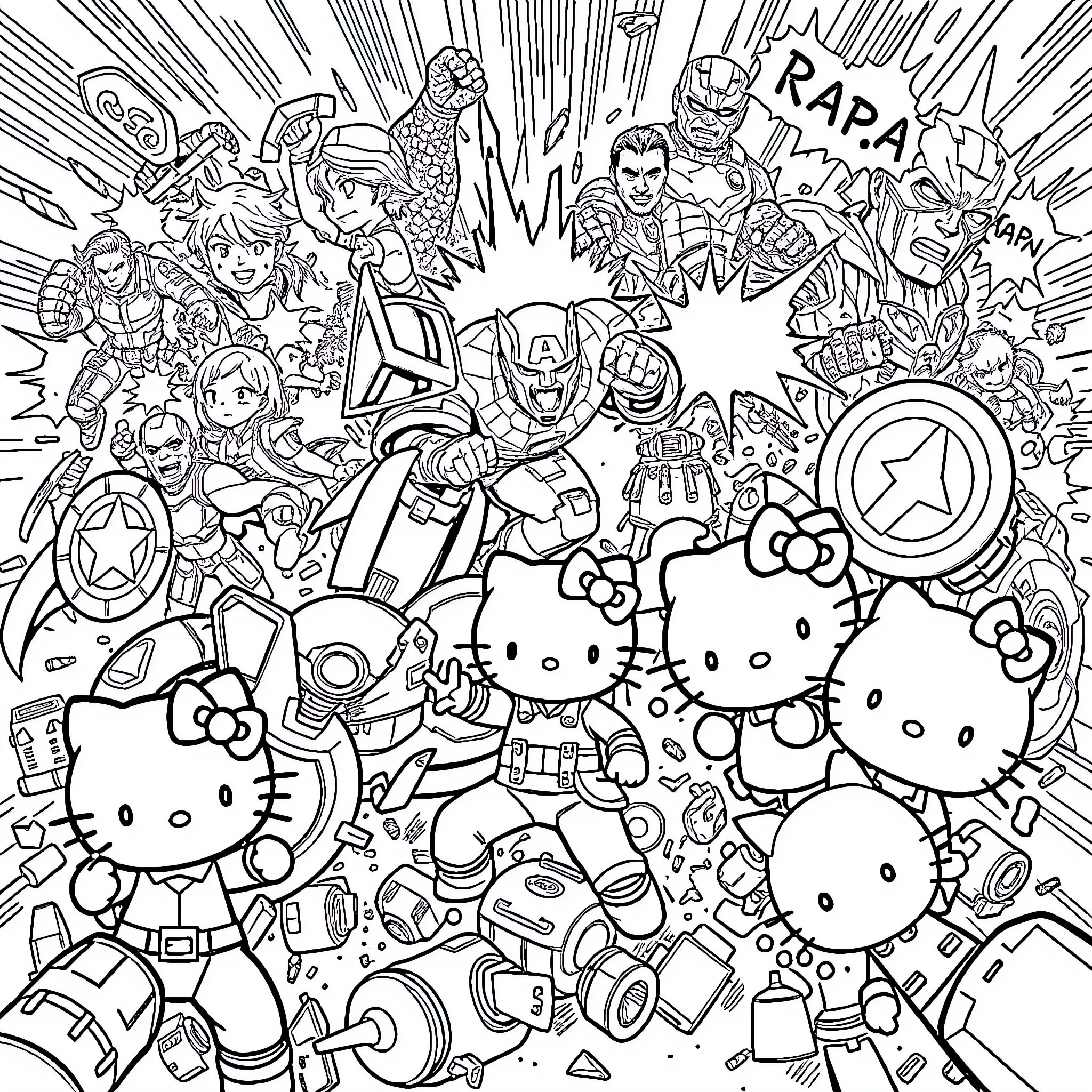 Avenger characters in action-packed comic book scene Coloring Page (free black-and-white line drawing printable PDF for all, from beginners to advanced learners, including children, teens, adults, and seniors)