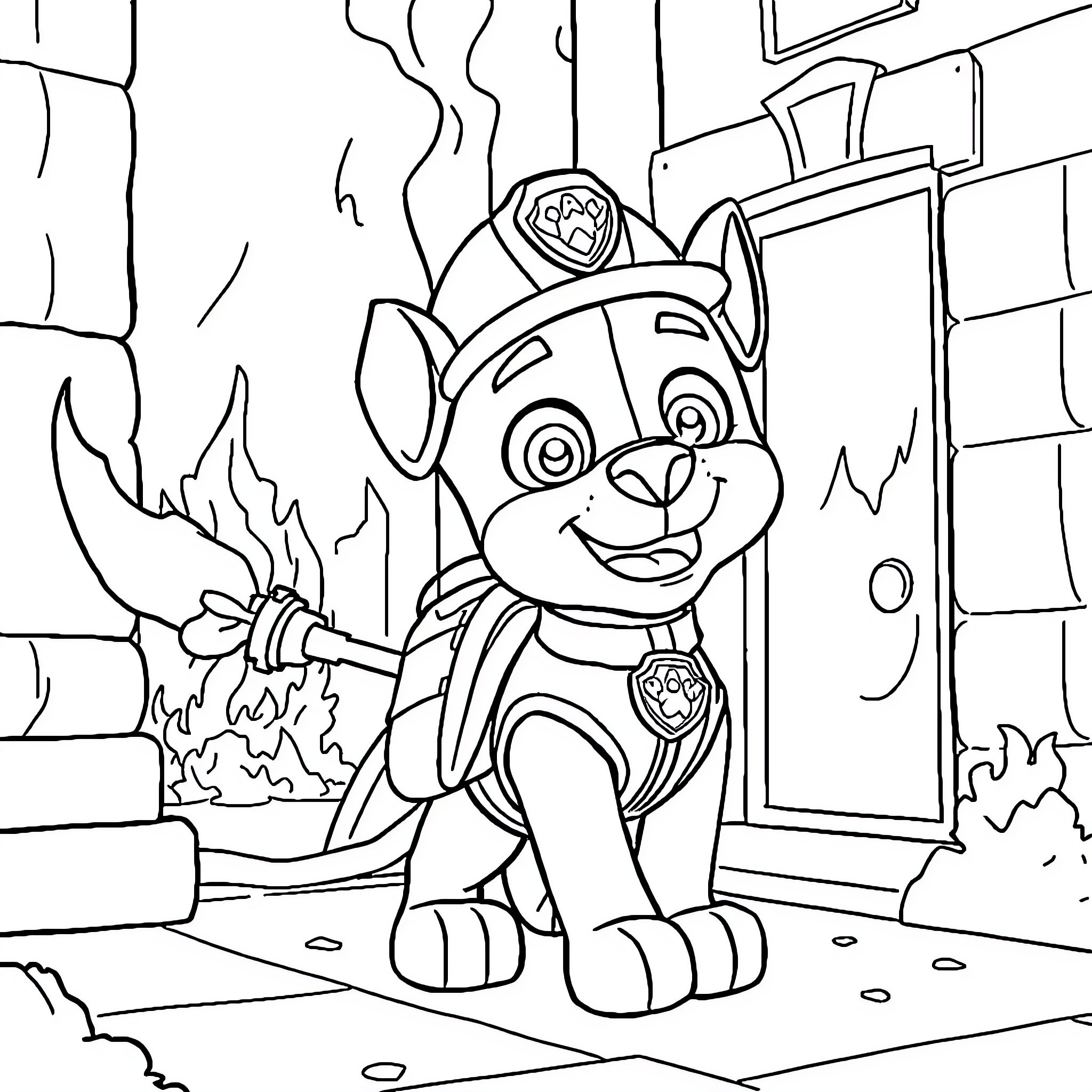 Marshall the Paw Patrol Pup Responding to an Emergency Coloring Page (free black-and-white line drawing printable PDF for all, from beginners to advanced learners, including children, teens, adults, and seniors)