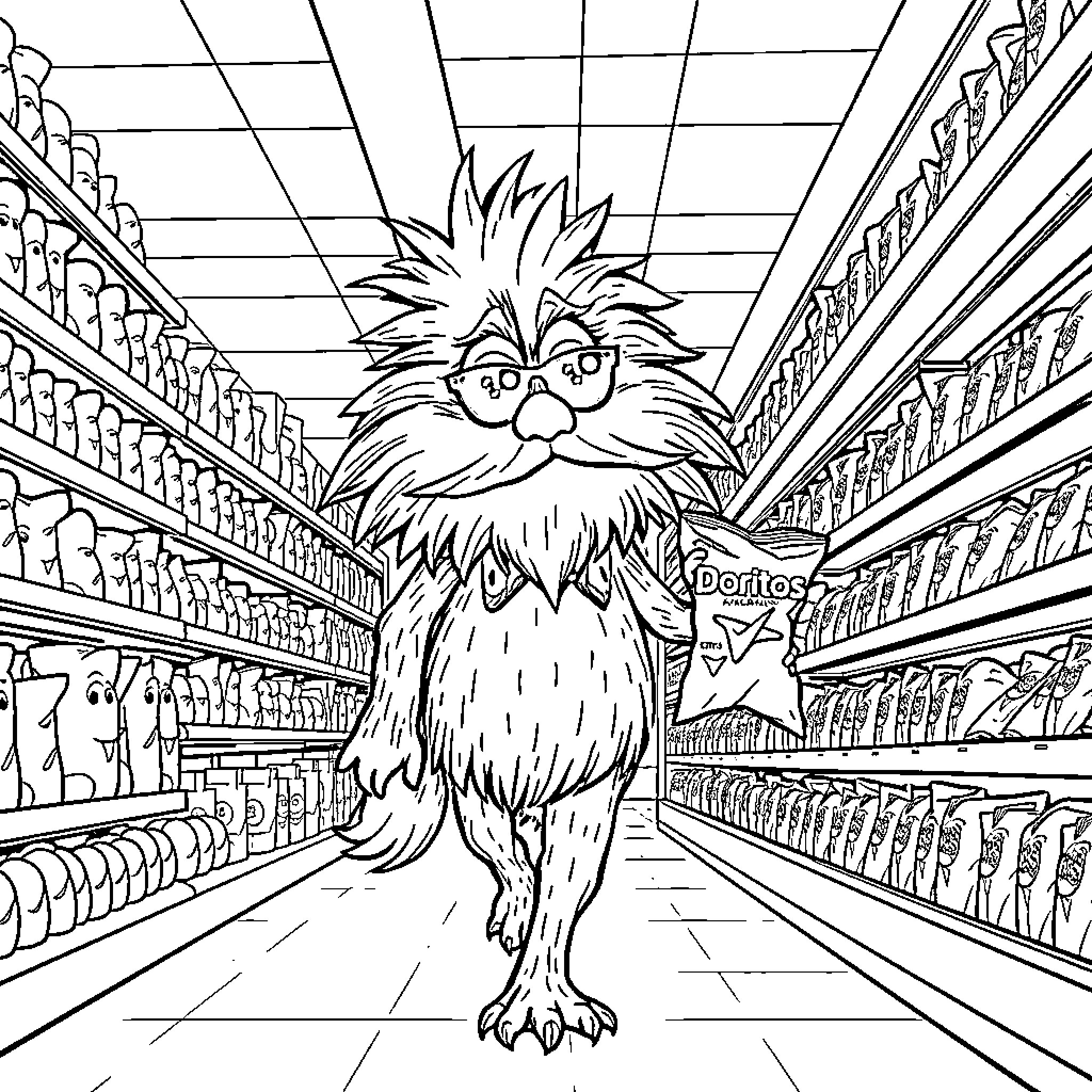 Lorax exploring a supermarket aisle Coloring Page (free black-and-white line drawing printable PDF for all, from beginners to advanced learners, including children, teens, adults, and seniors)