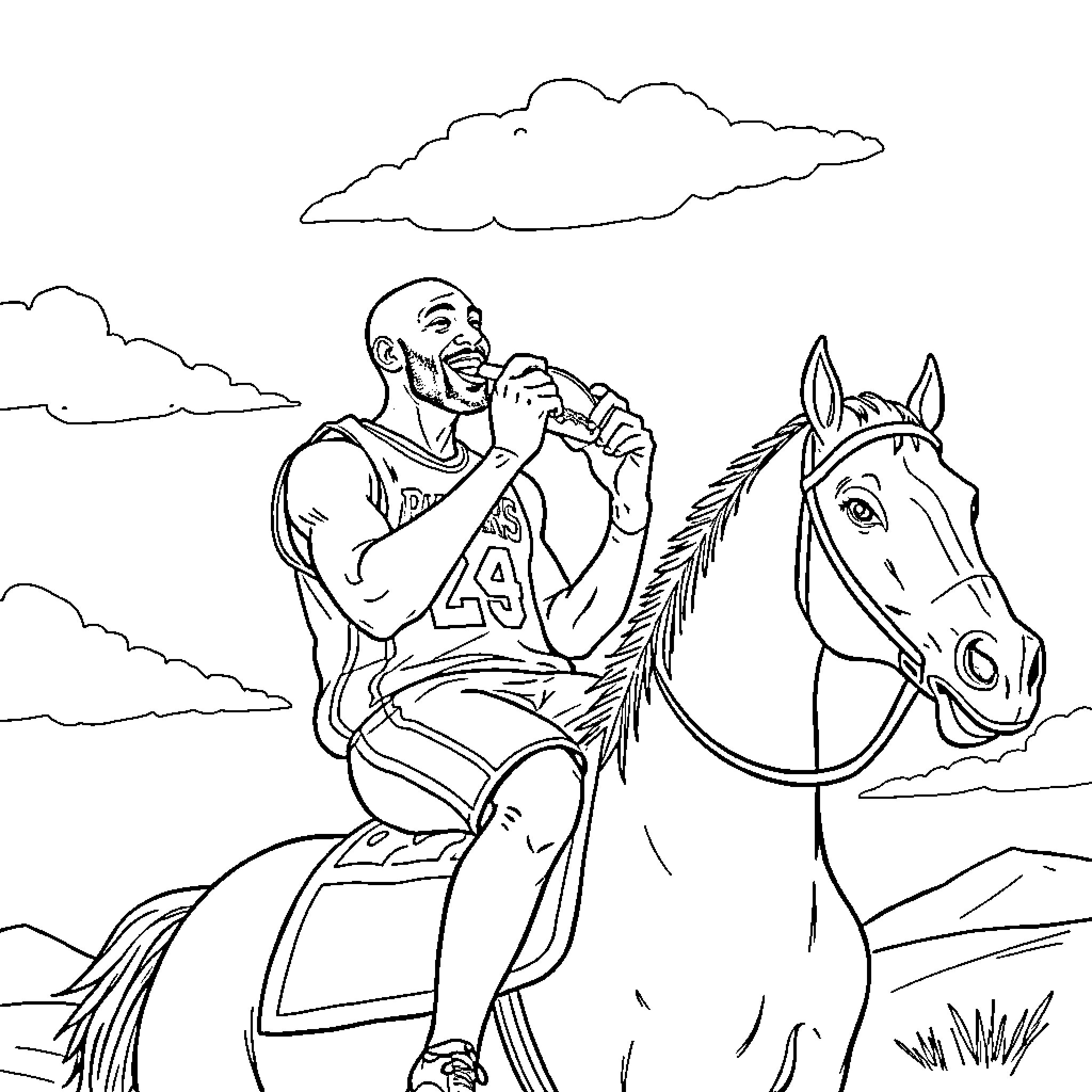 Kobe Bryant riding a horse in a scenic landscape Coloring Page (free black-and-white line drawing printable PDF for all, from beginners to advanced learners, including children, teens, adults, and seniors)